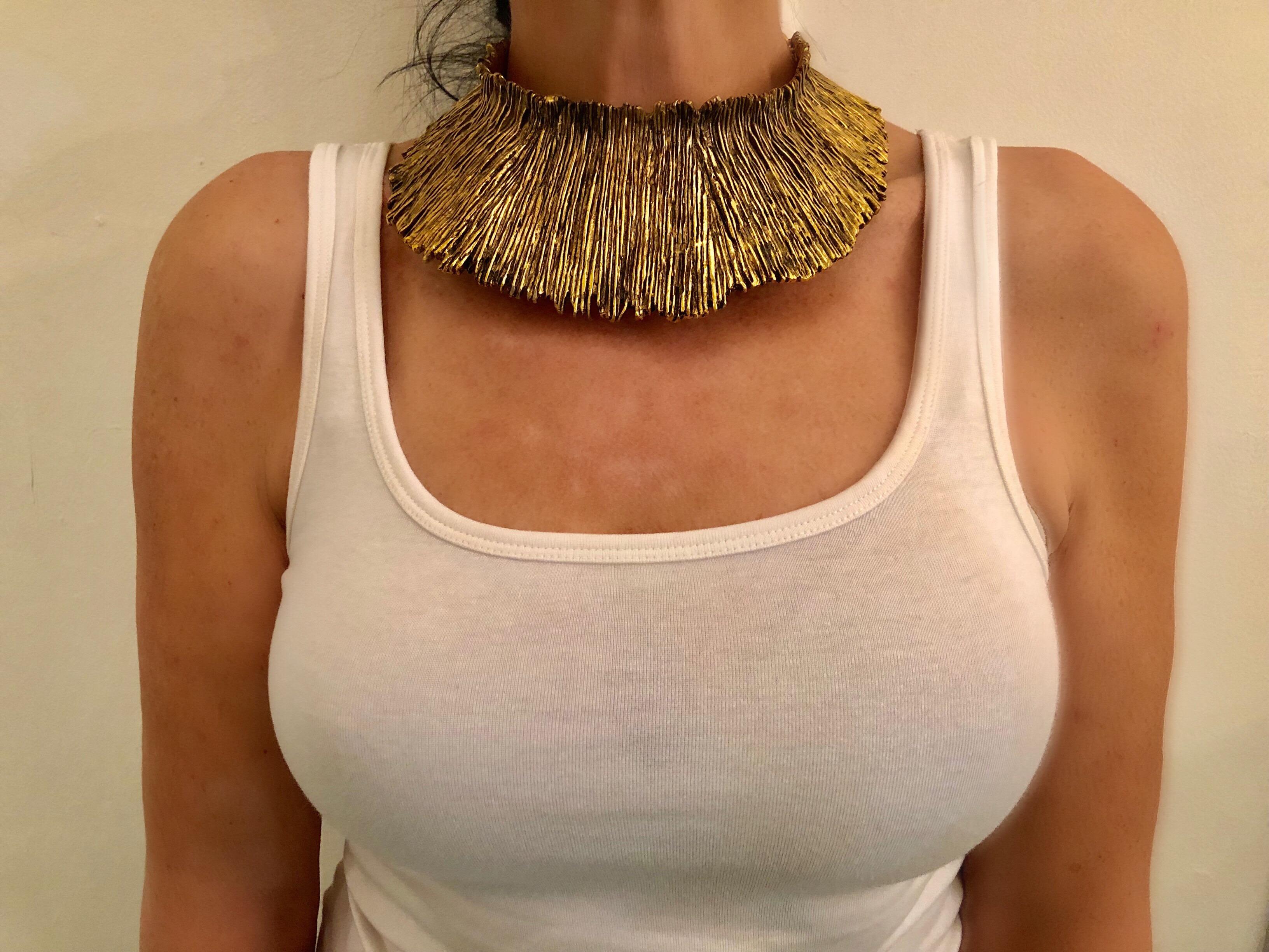 Contemporary French Brutalist Style Gilt Textured Statement Necklace 