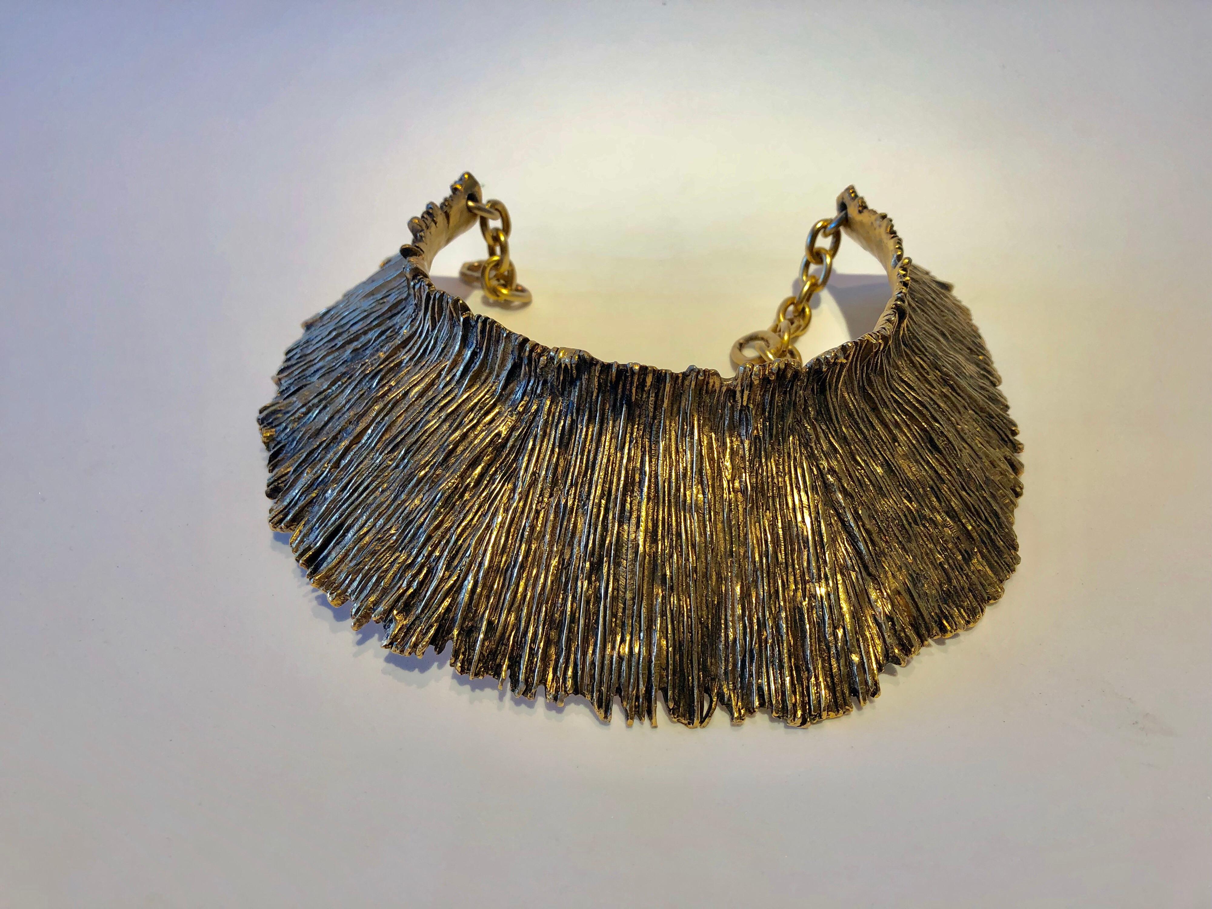 French Brutalist Style Gilt Textured Statement Necklace  1