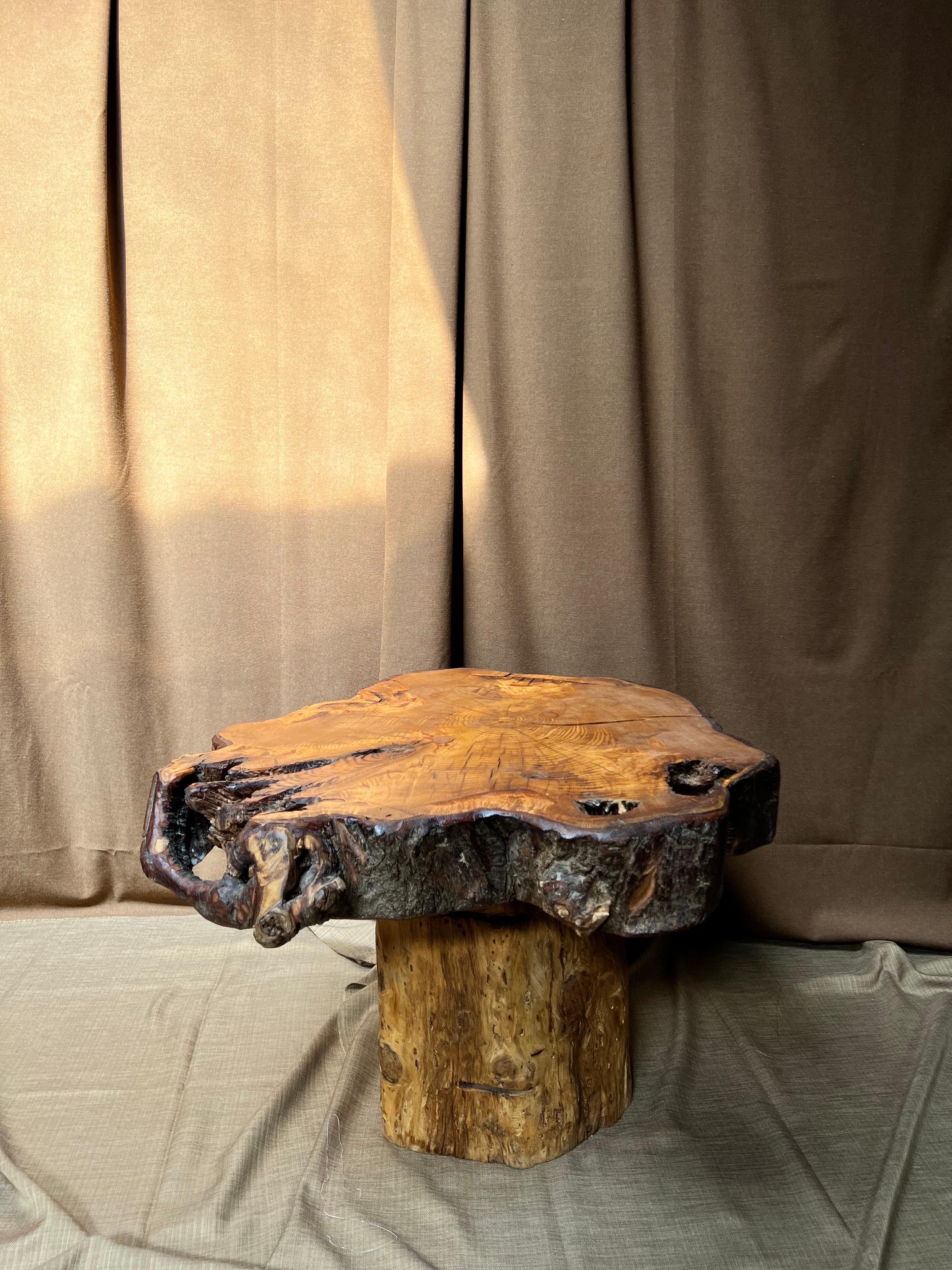 Very unique handmade with a tree trunk and a massive slay of tree. The joinery is two cylinder with provide a nice effect. The top is patinated and shows various shades of brown/brownish colors. Elegant and brutalist describe that table properly.