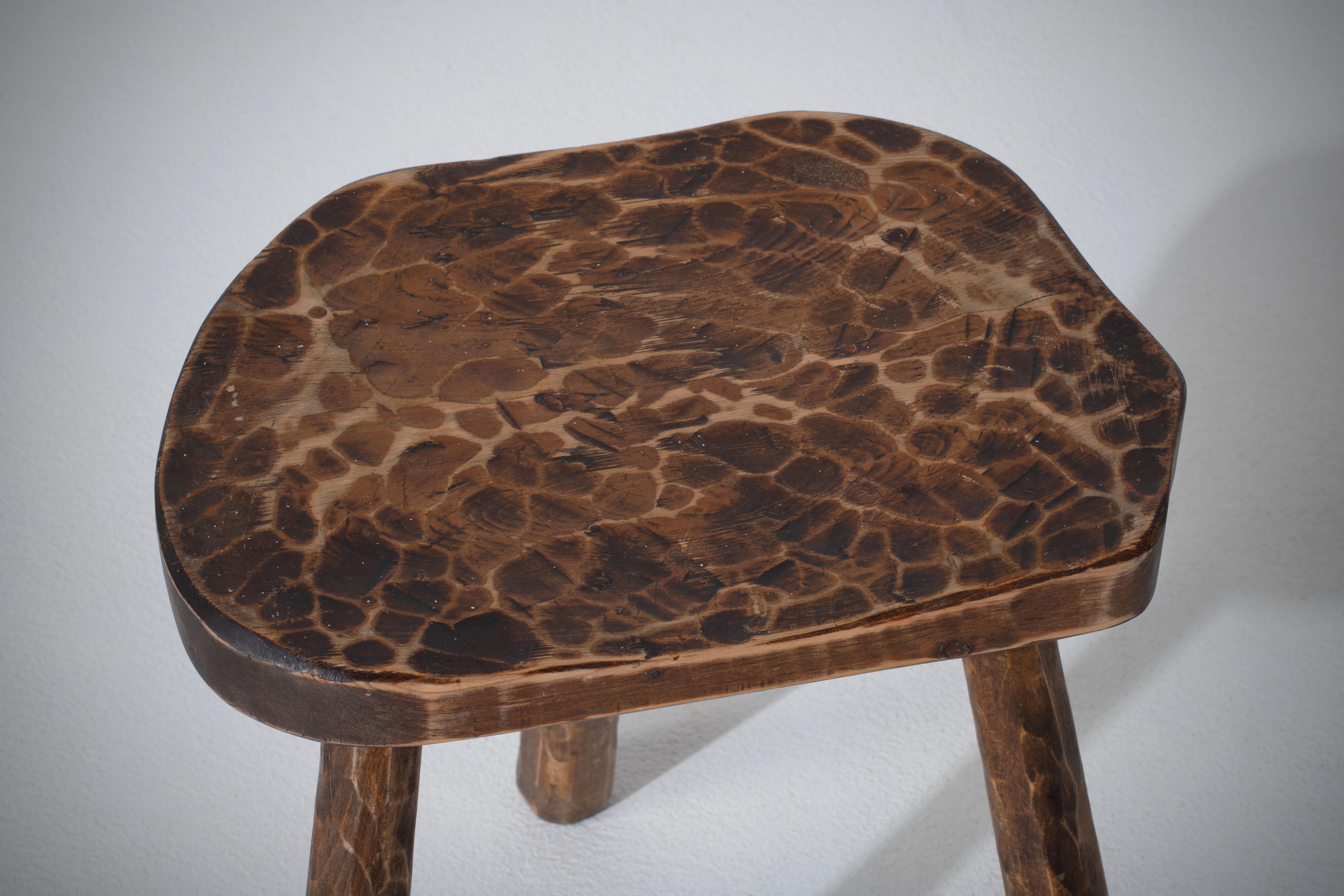 Hand-Carved French Brutalist Tripod Stool, 1950s For Sale