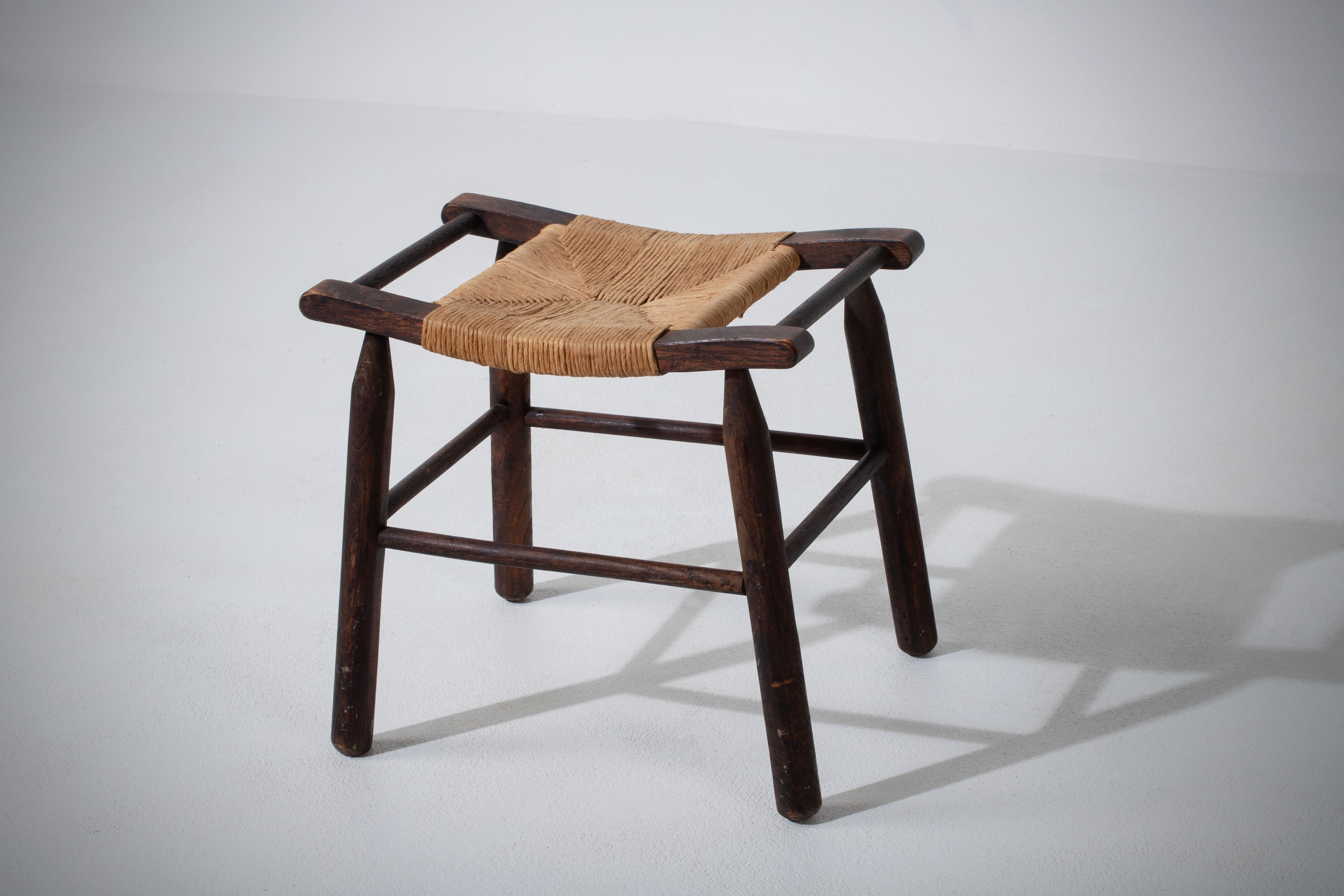 Hand-Carved French Brutalist Tripod Stool, 1950s