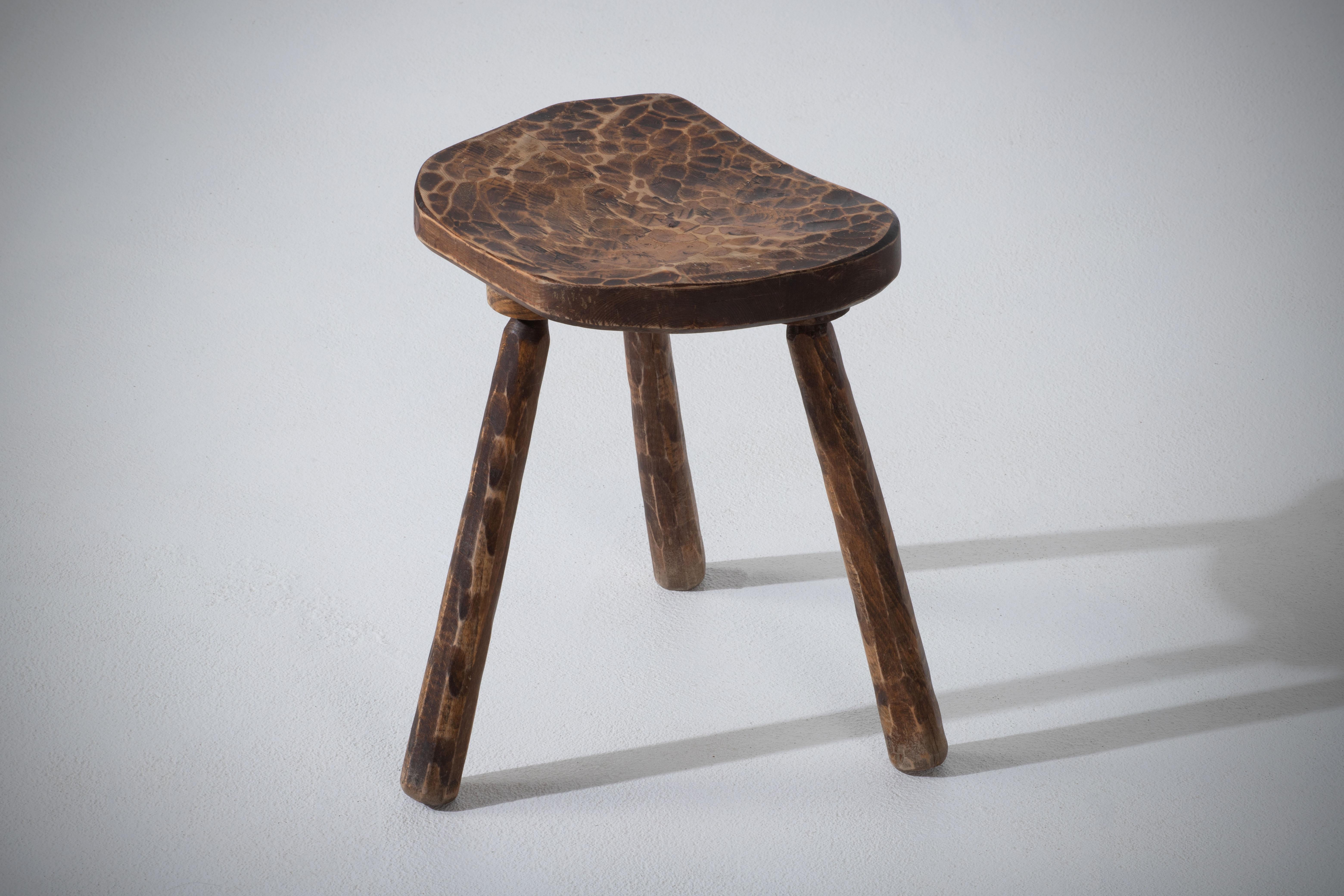 Oak French Brutalist Tripod Stool, 1950s For Sale