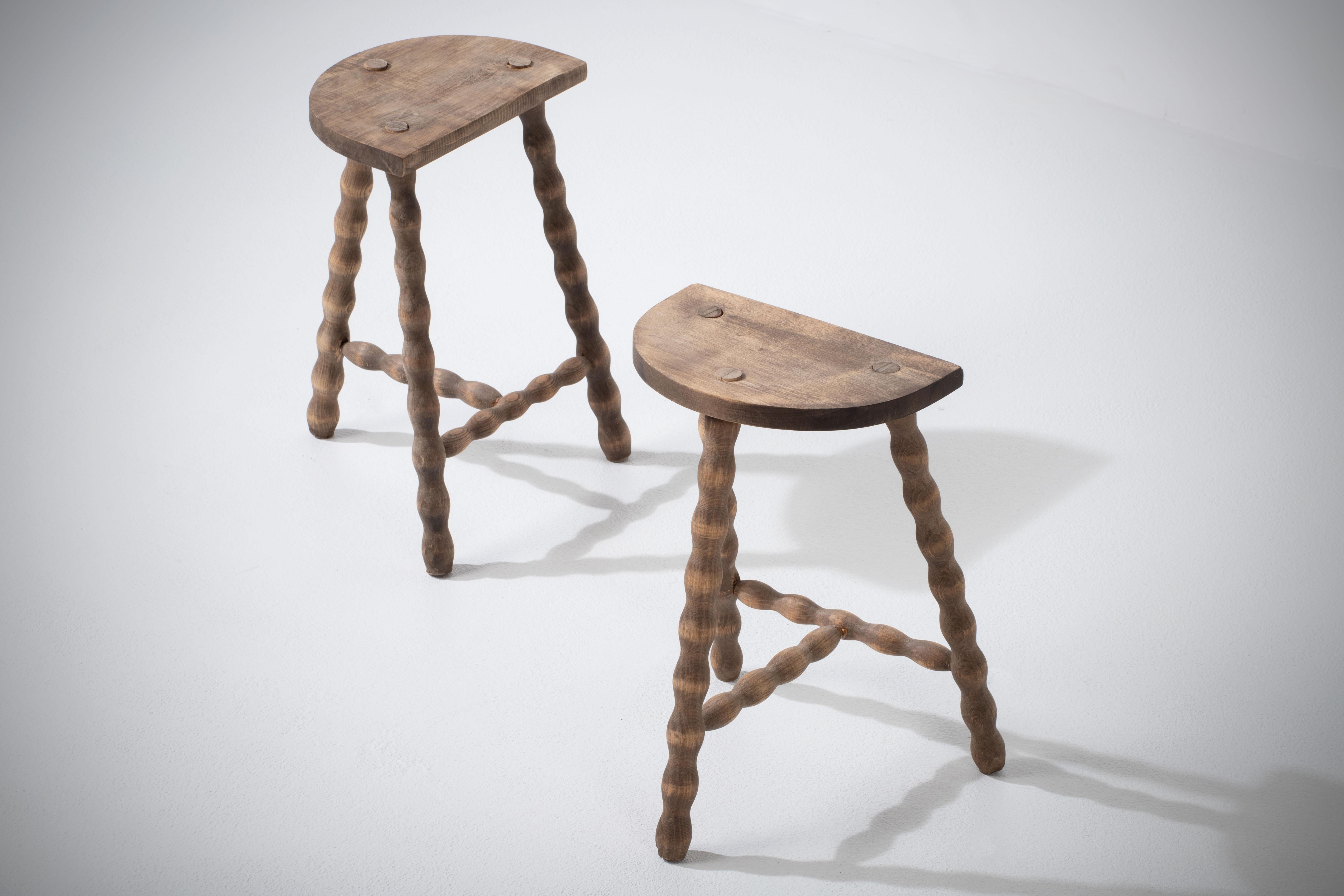 French Brutalist Tripod Stool, a Pair, Bleached 3
