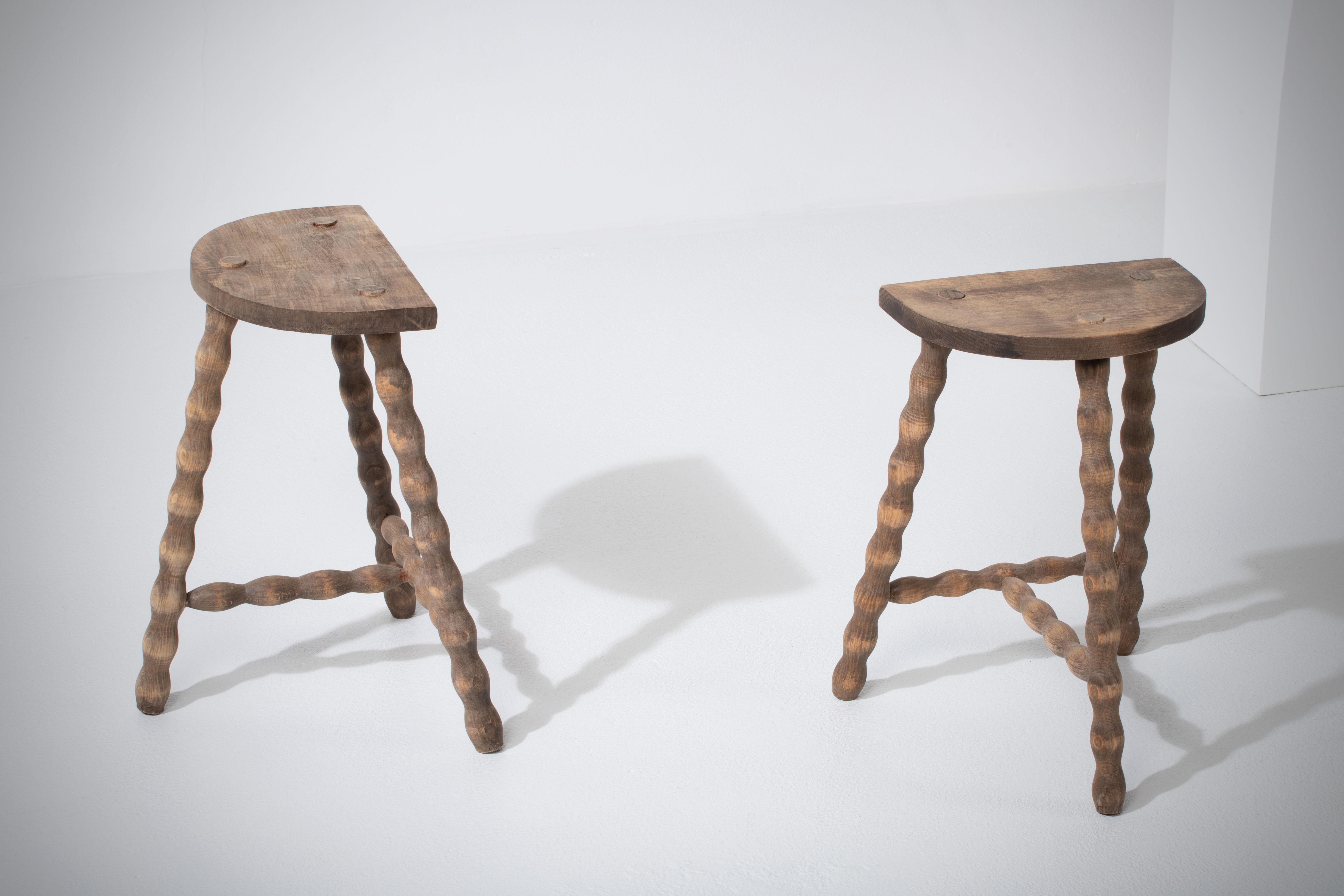 Mid-Century Modern French Brutalist Tripod Stool, a Pair, Bleached