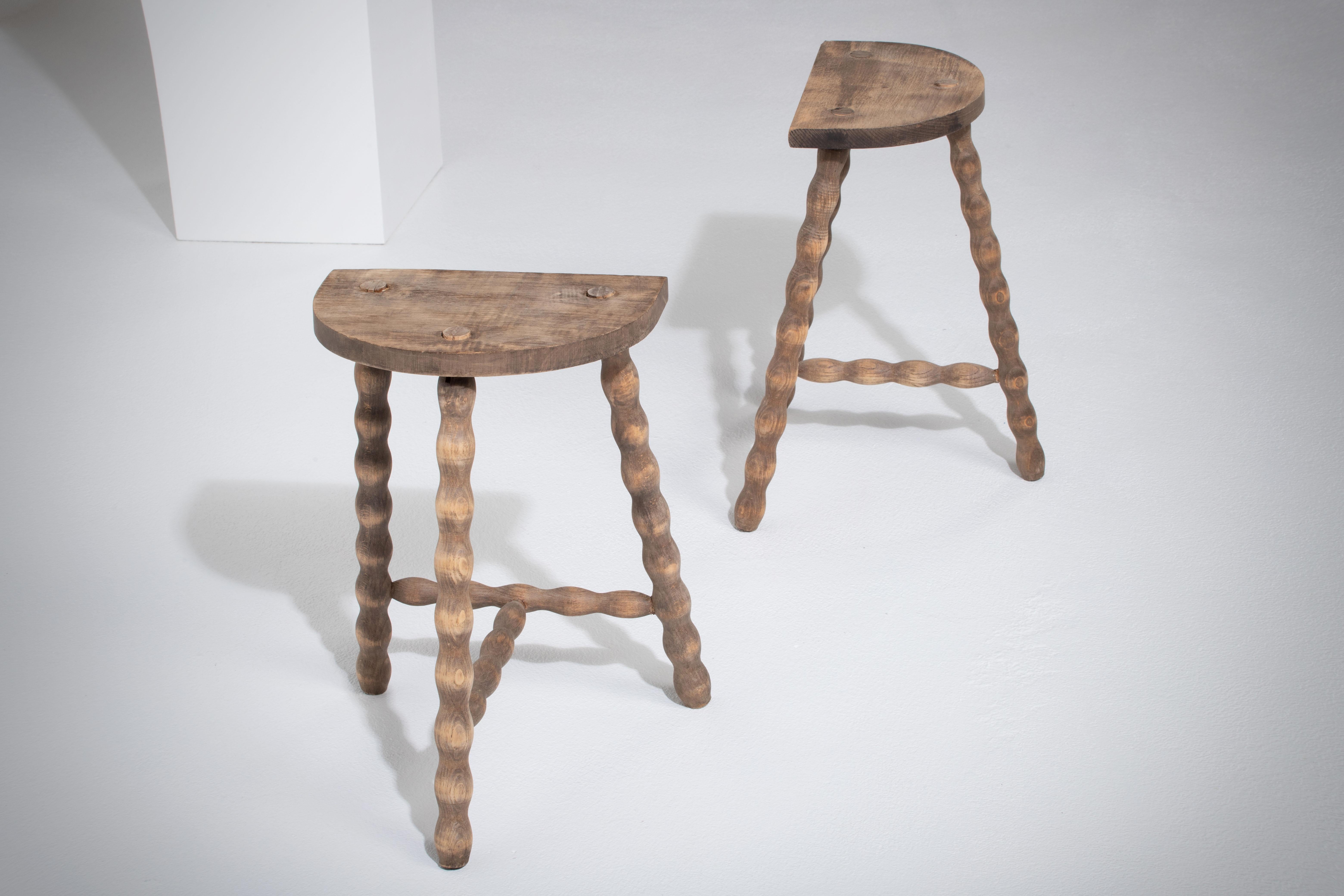 Hand-Carved French Brutalist Tripod Stool, a Pair, Bleached