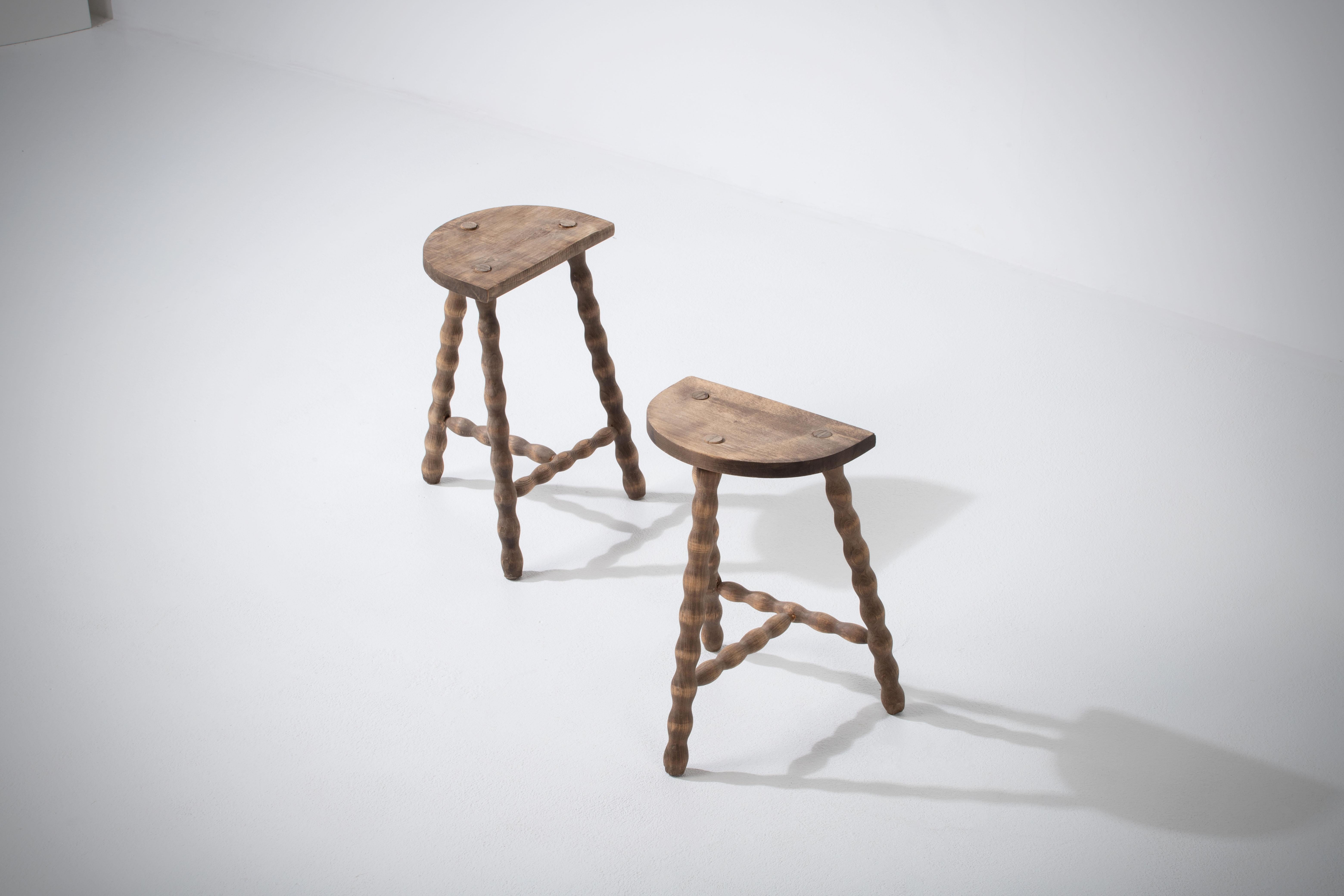 French Brutalist Tripod Stool, a Pair, Bleached 2