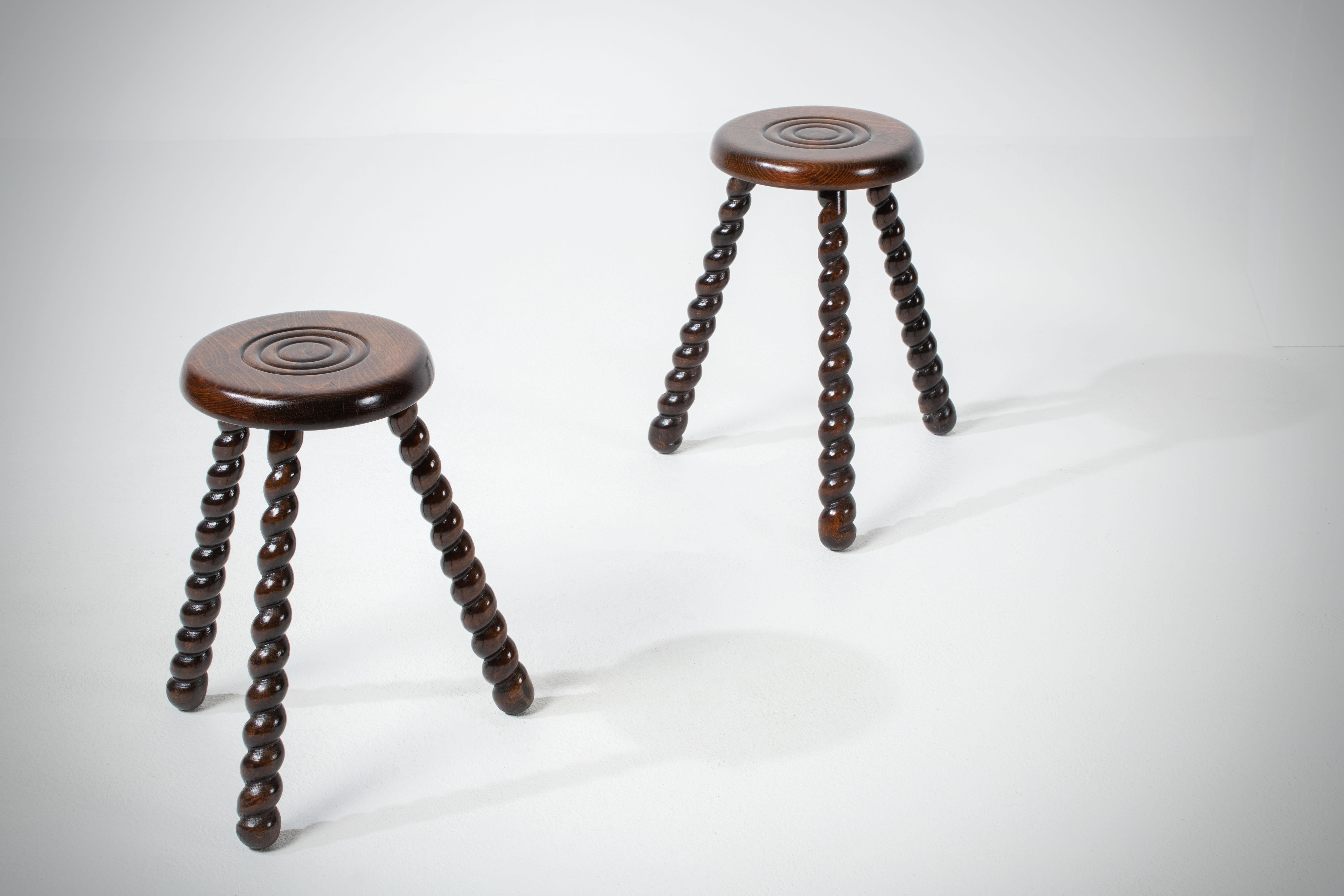 Mid-Century Modern French Brutalist Tripod Stool, a Pair