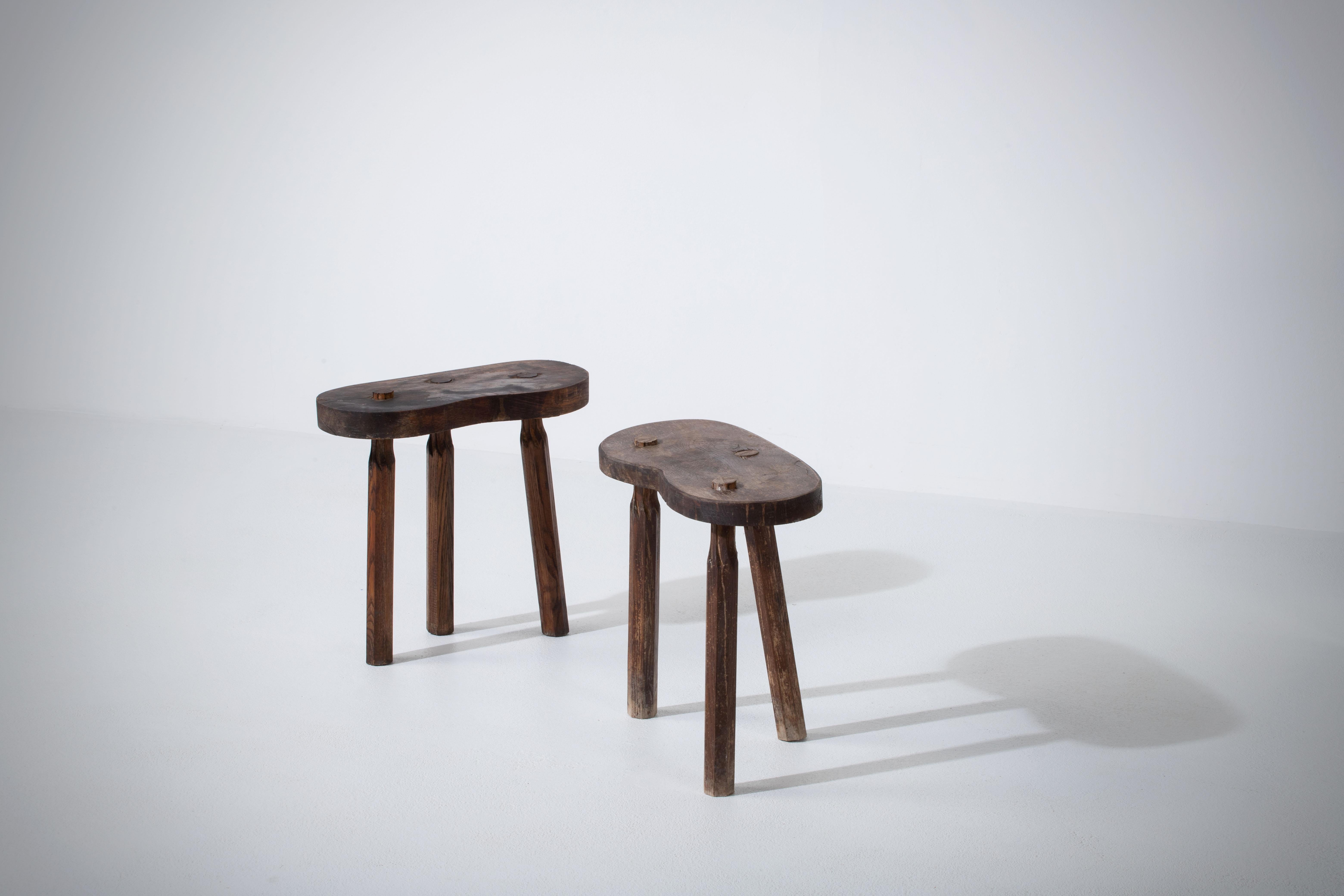 Mid-Century Modern French Brutalist Tripod Stool, a Pair For Sale