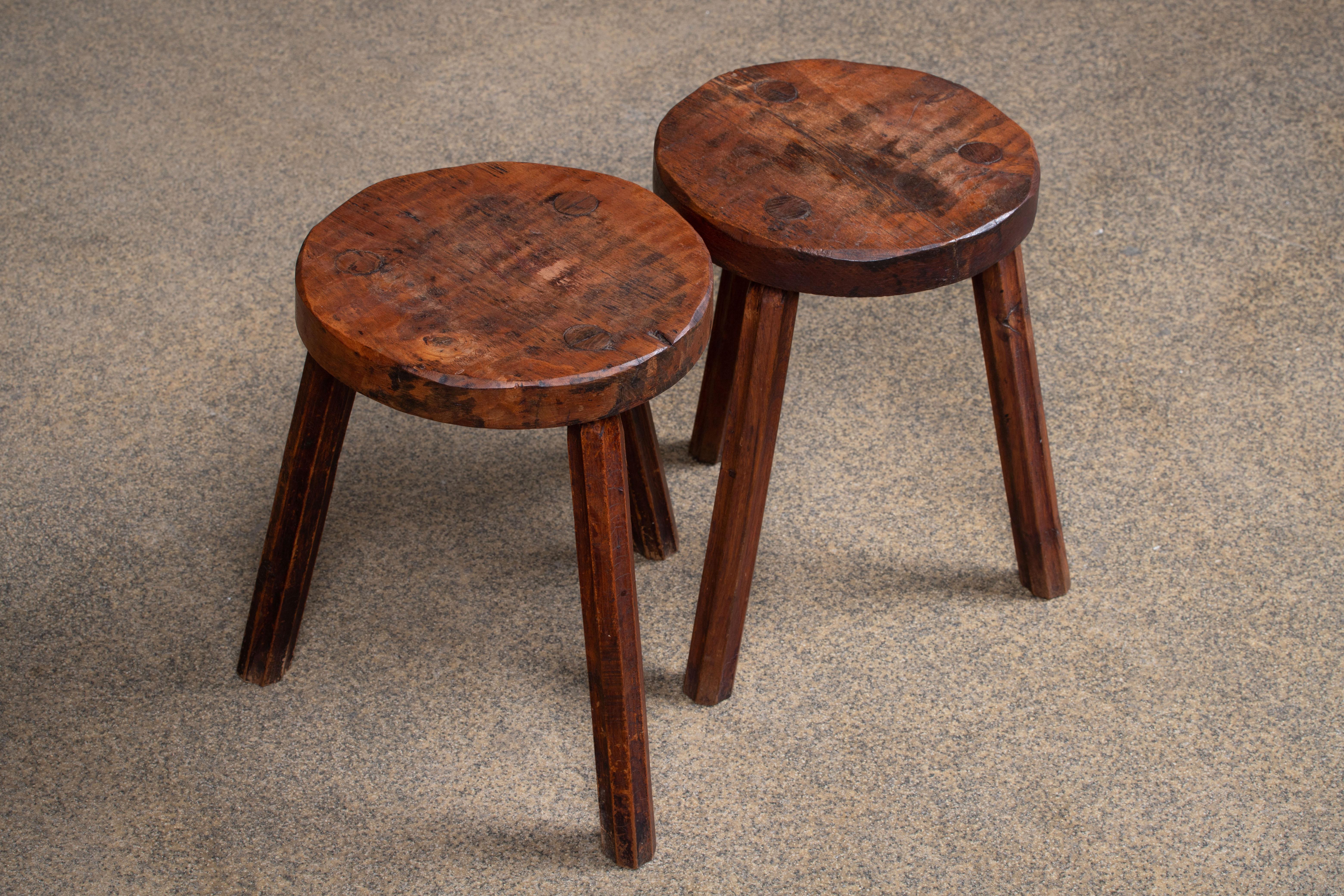 Hand-Carved French Brutalist Tripod Stool, a Pair
