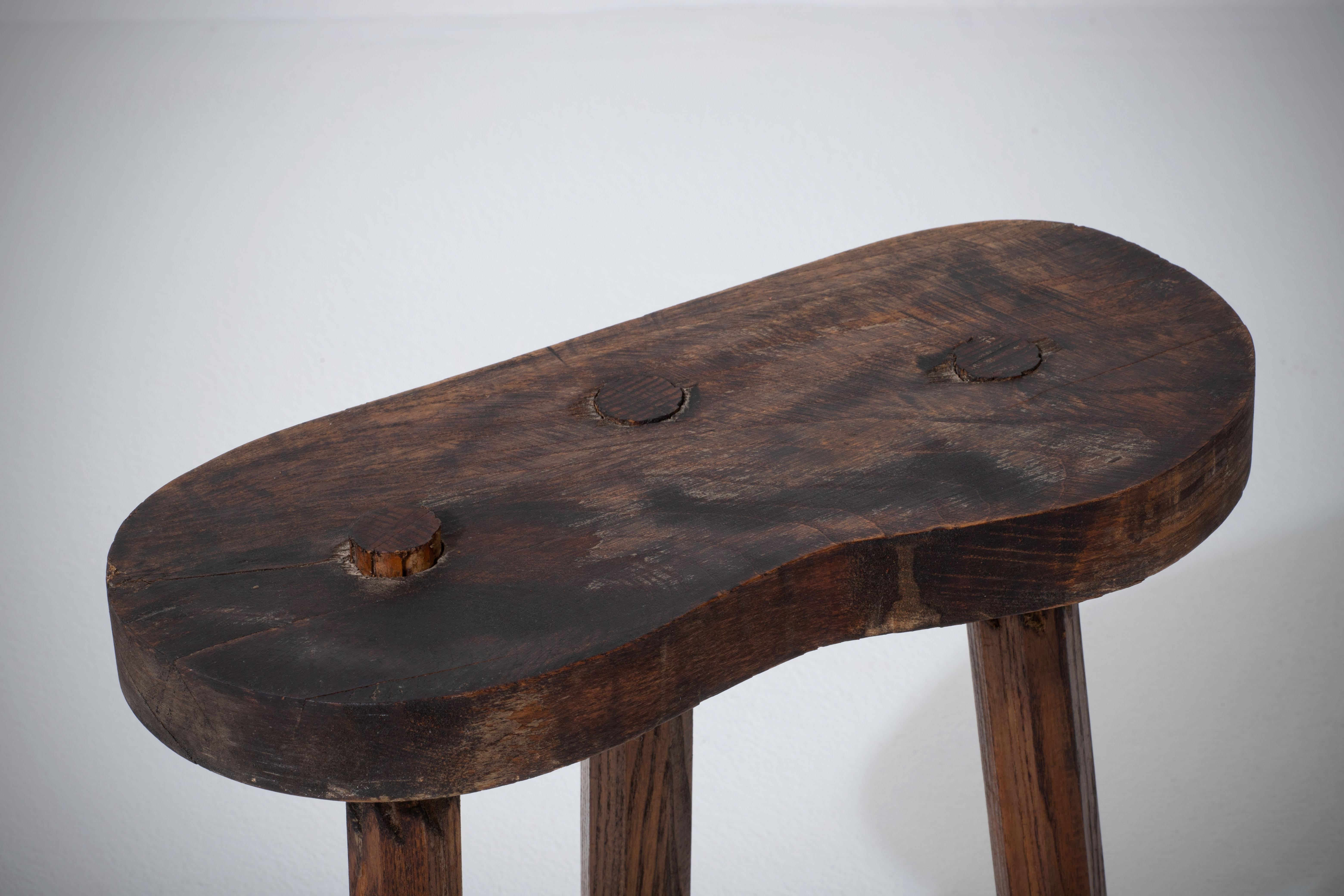 Oak French Brutalist Tripod Stool, a Pair For Sale