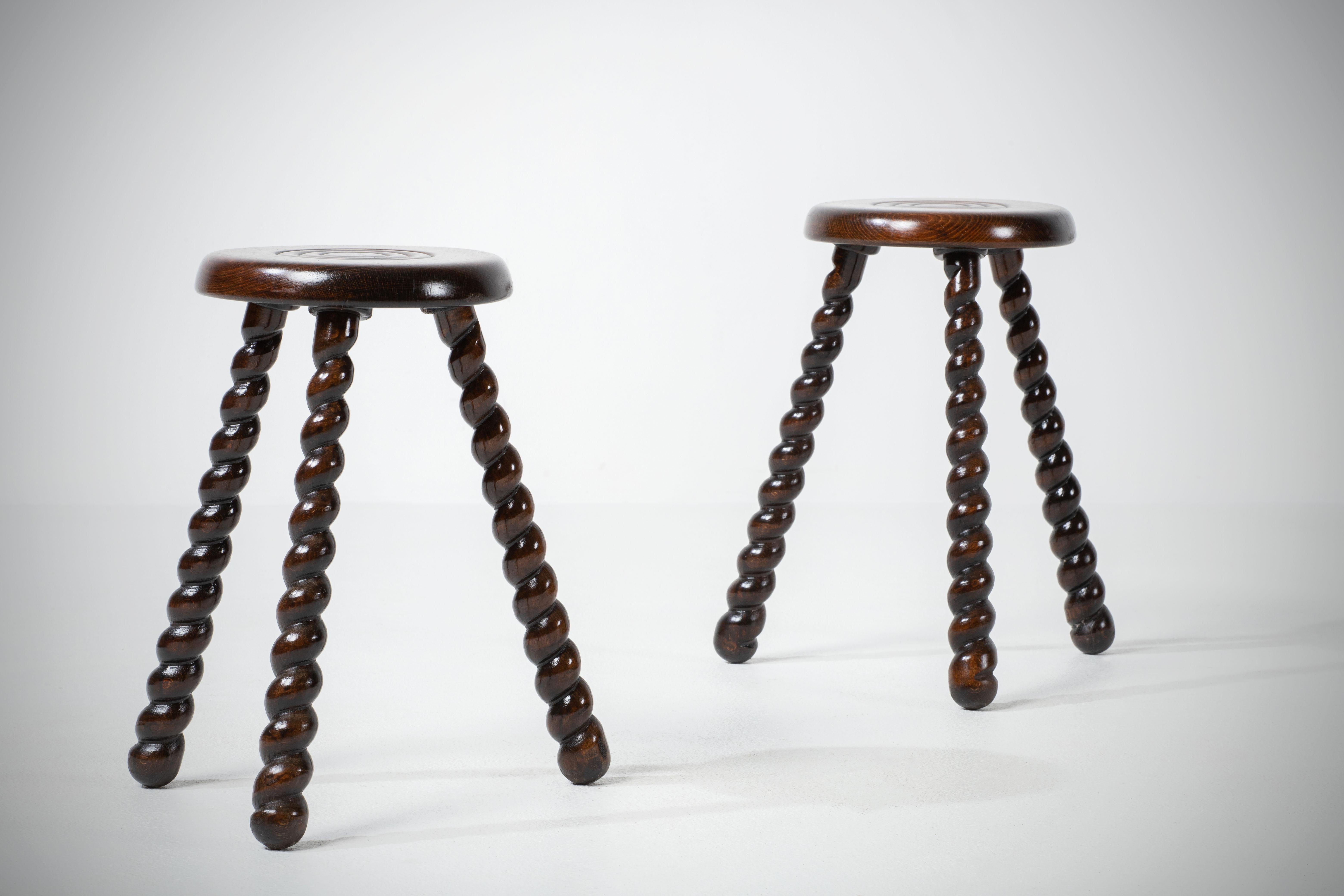 French Brutalist Tripod Stool, a Pair 2