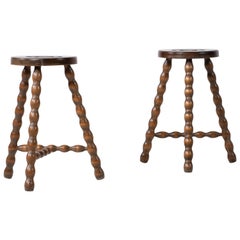 French Brutalist Tripod Stool, a Pair