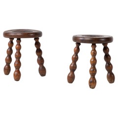 French Brutalist Tripod Stool, a Pair