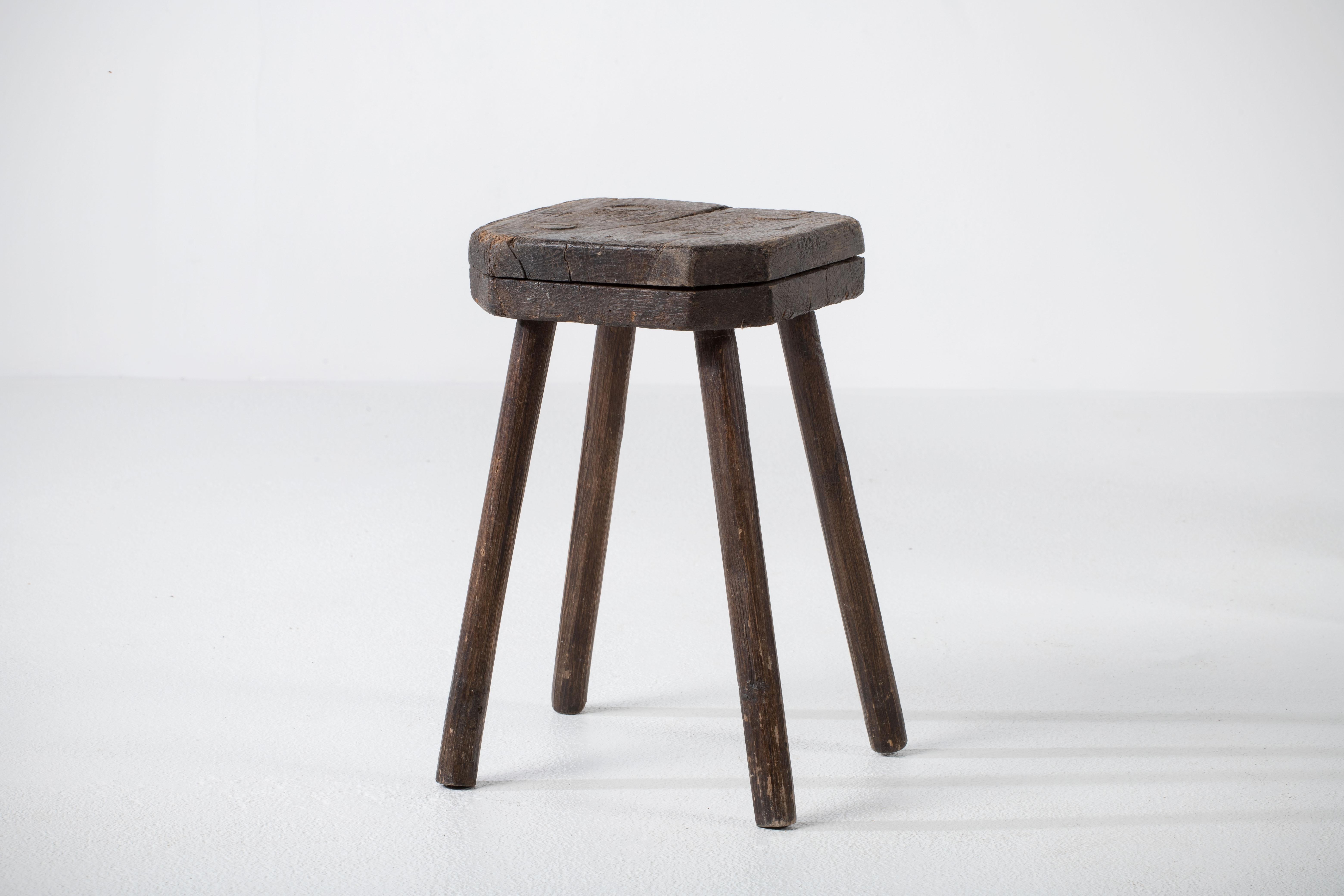 Hand-Carved French Brutalist Stool For Sale