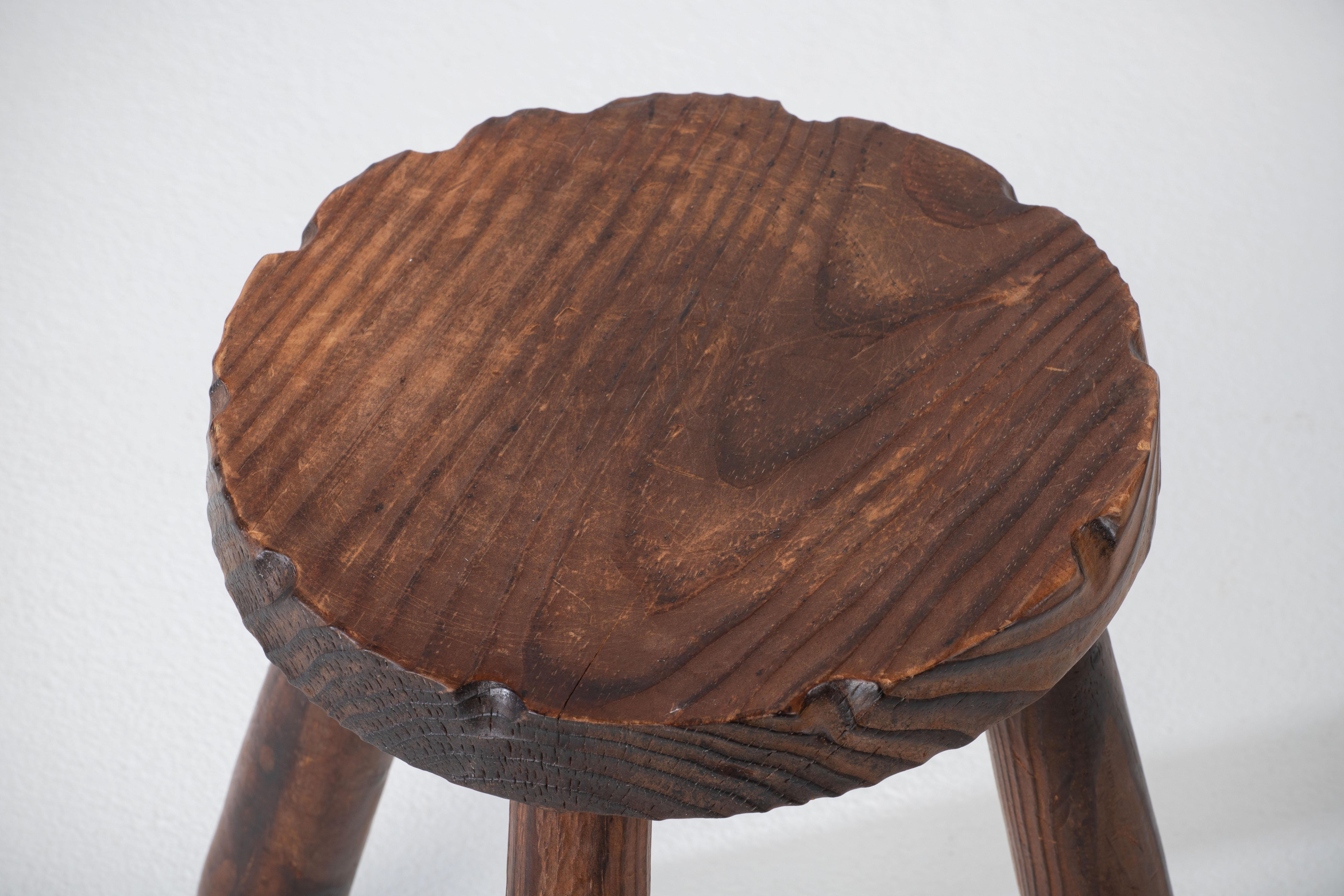 Hand-Carved French Brutalist Tripod Stool