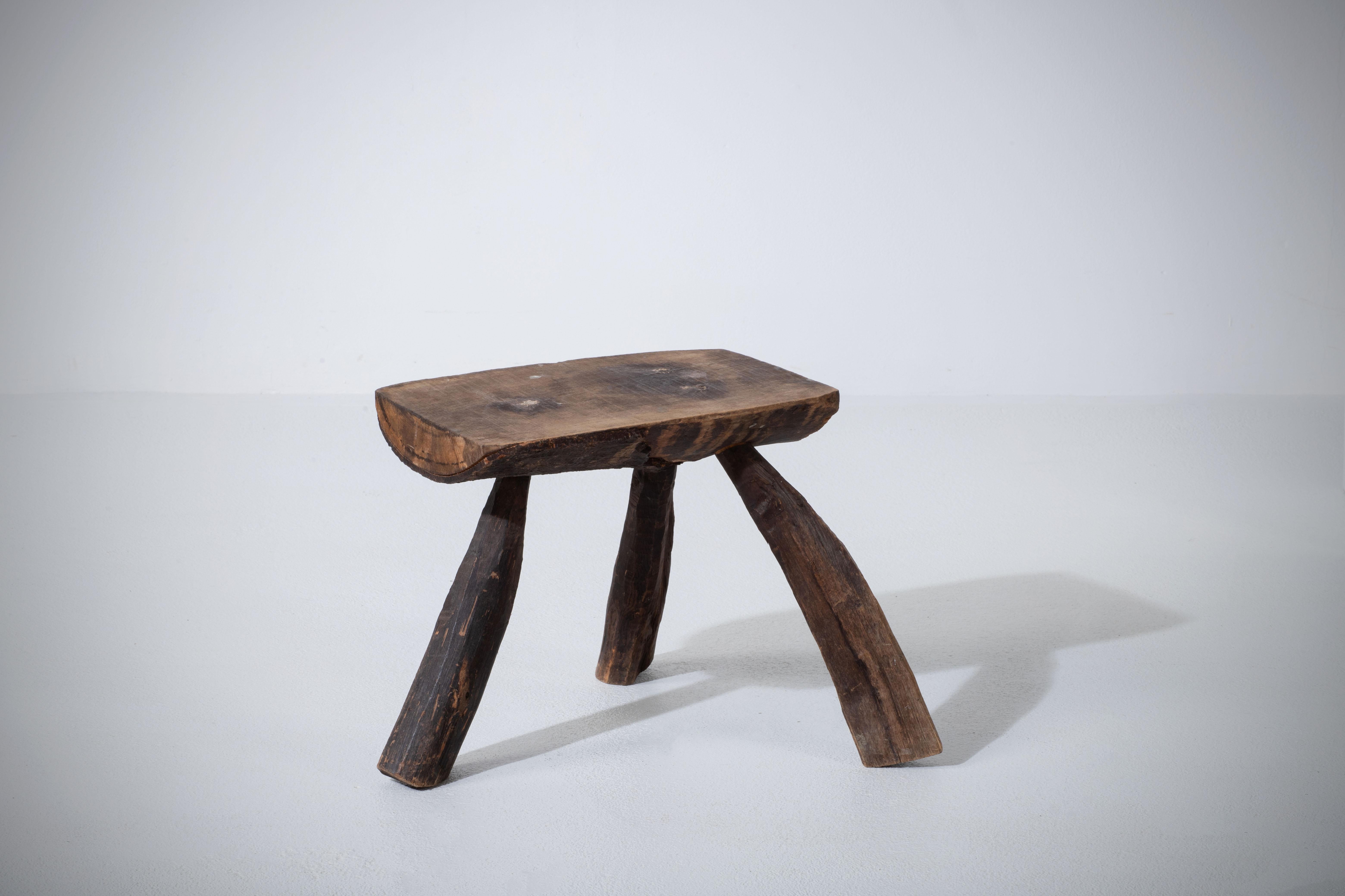 Hand-Carved French Brutalist Tripod Stool For Sale