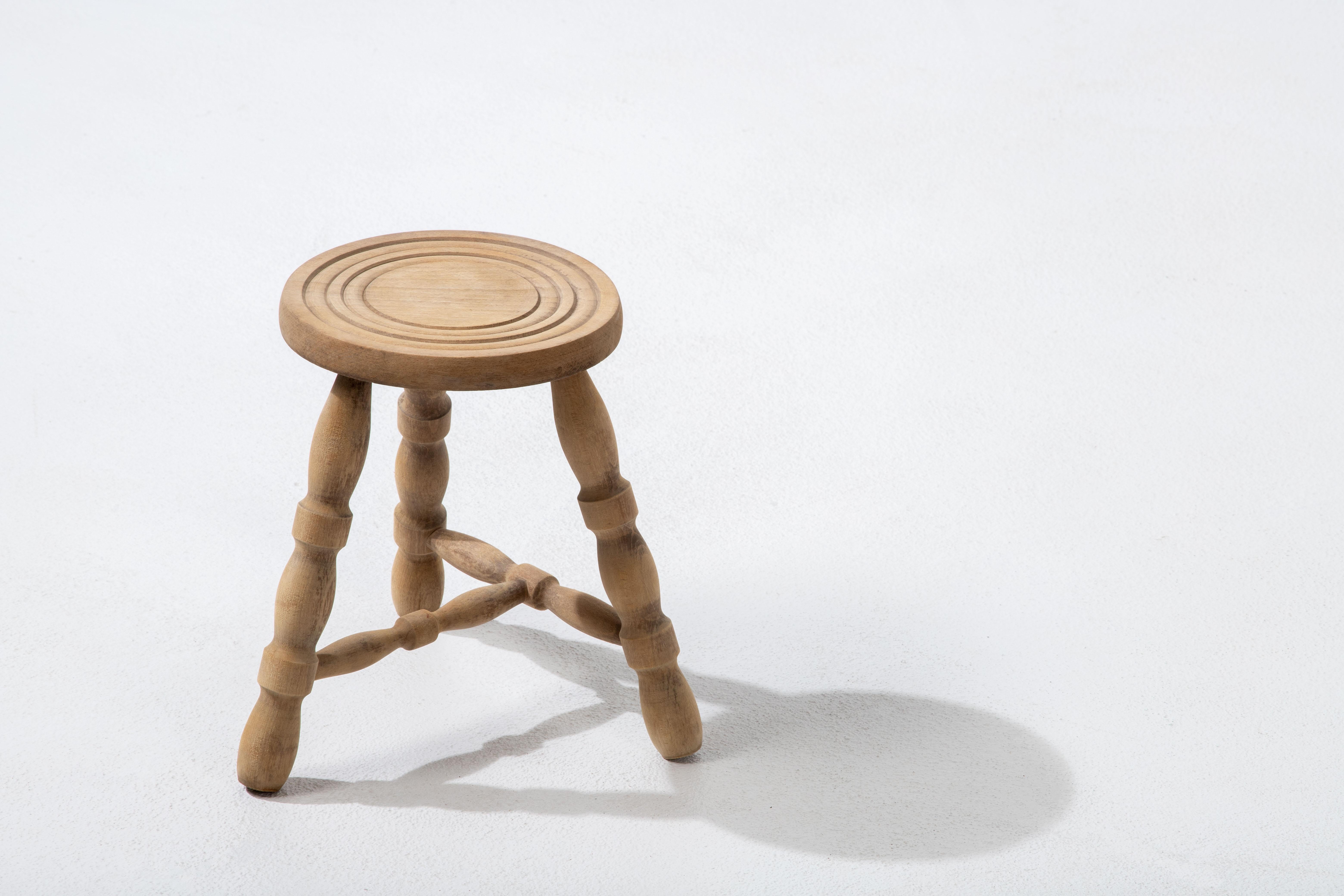Hand-Carved French Brutalist Tripod Stool For Sale