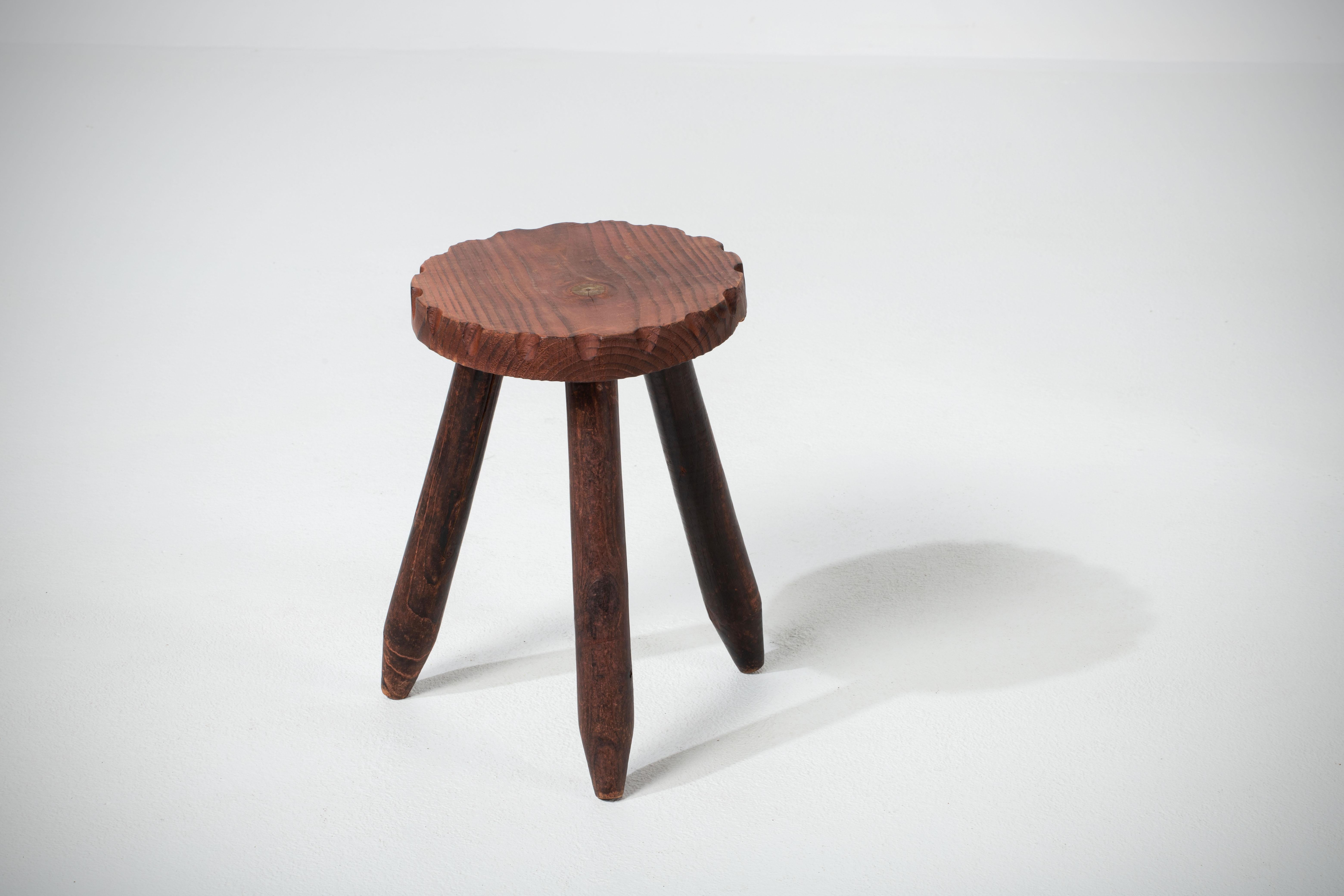 Hand-Carved French Brutalist Tripod Stool