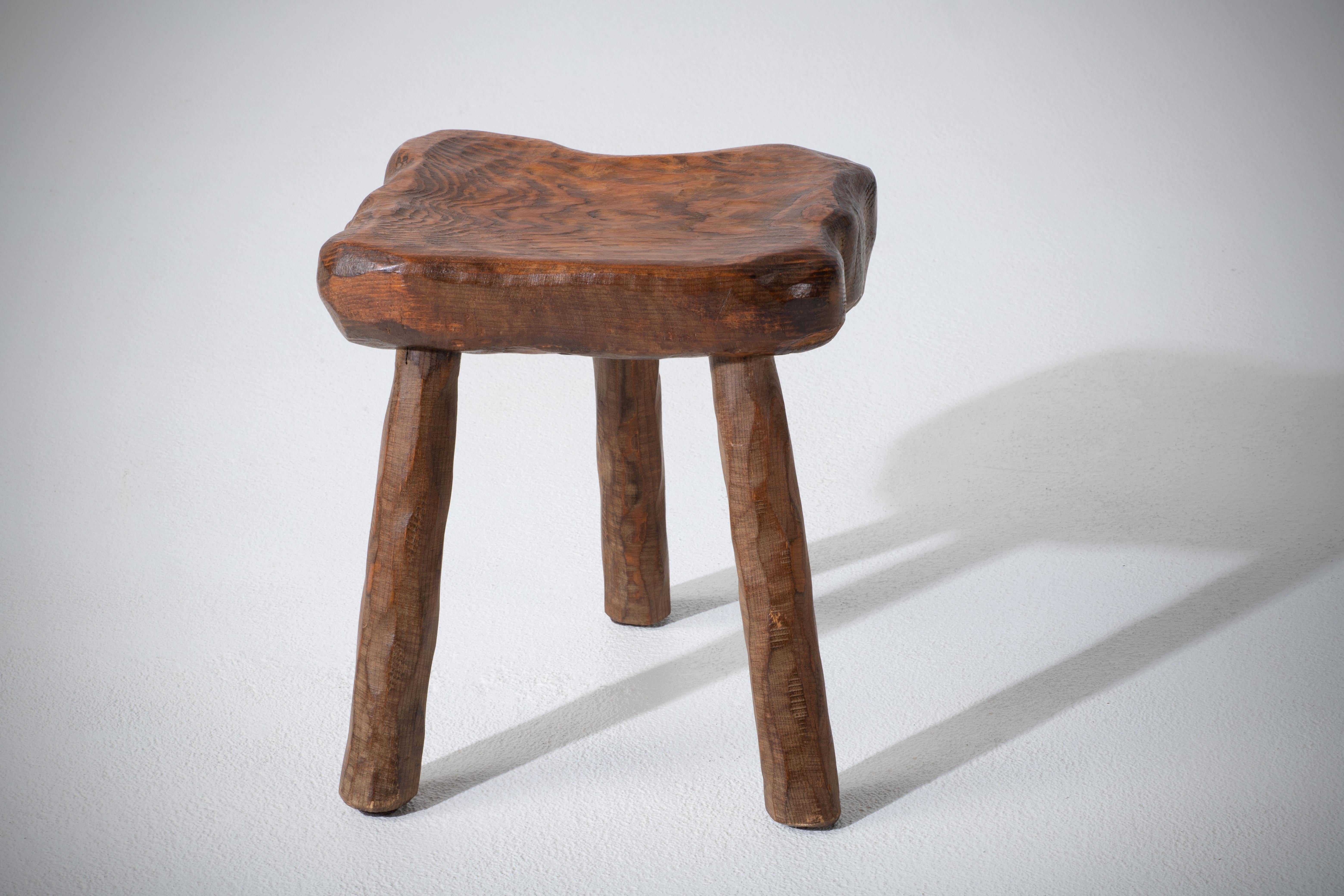 Olive French Brutalist Tripod Stool For Sale