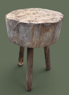 French Brutalist Tripod Stool, Solid Wood Log Seat, 1950s