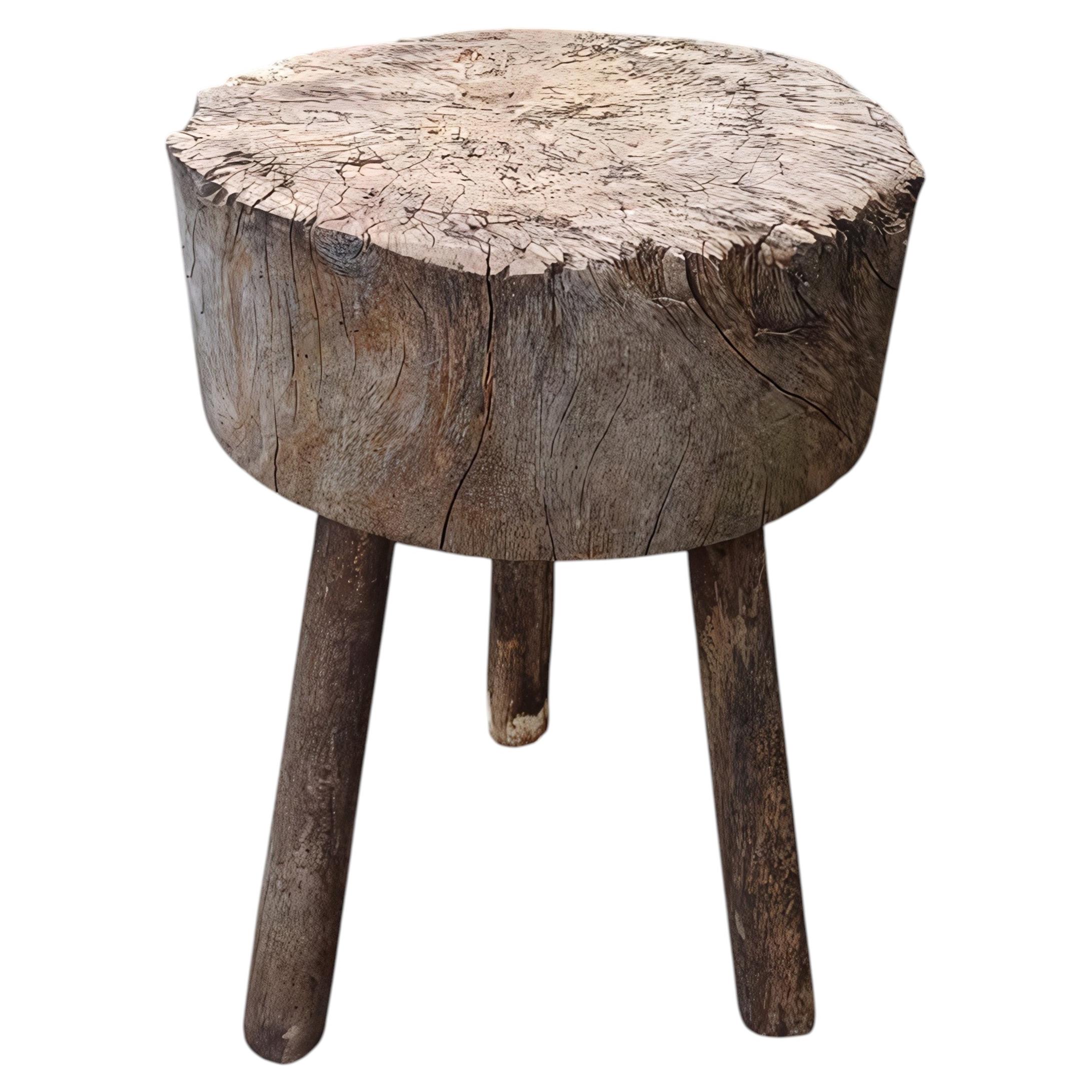 French Brutalist Tripod Stool, Solid Wood Log Seat, 1950s For Sale