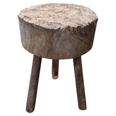 French Brutalist Tripod Stool, Solid Wood Log Seat, 1950s