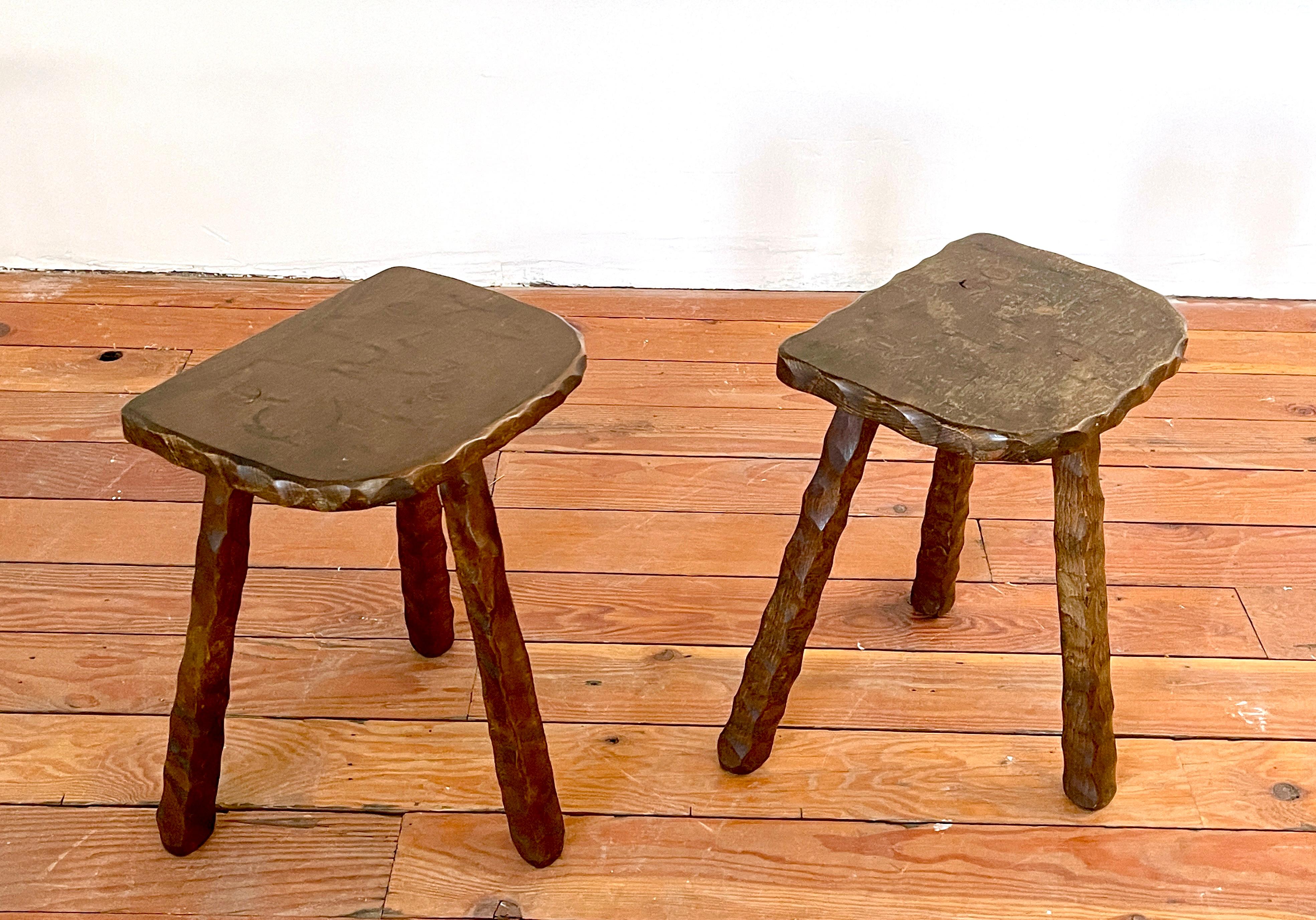 Mid-20th Century French Brutalist Tripod Stools