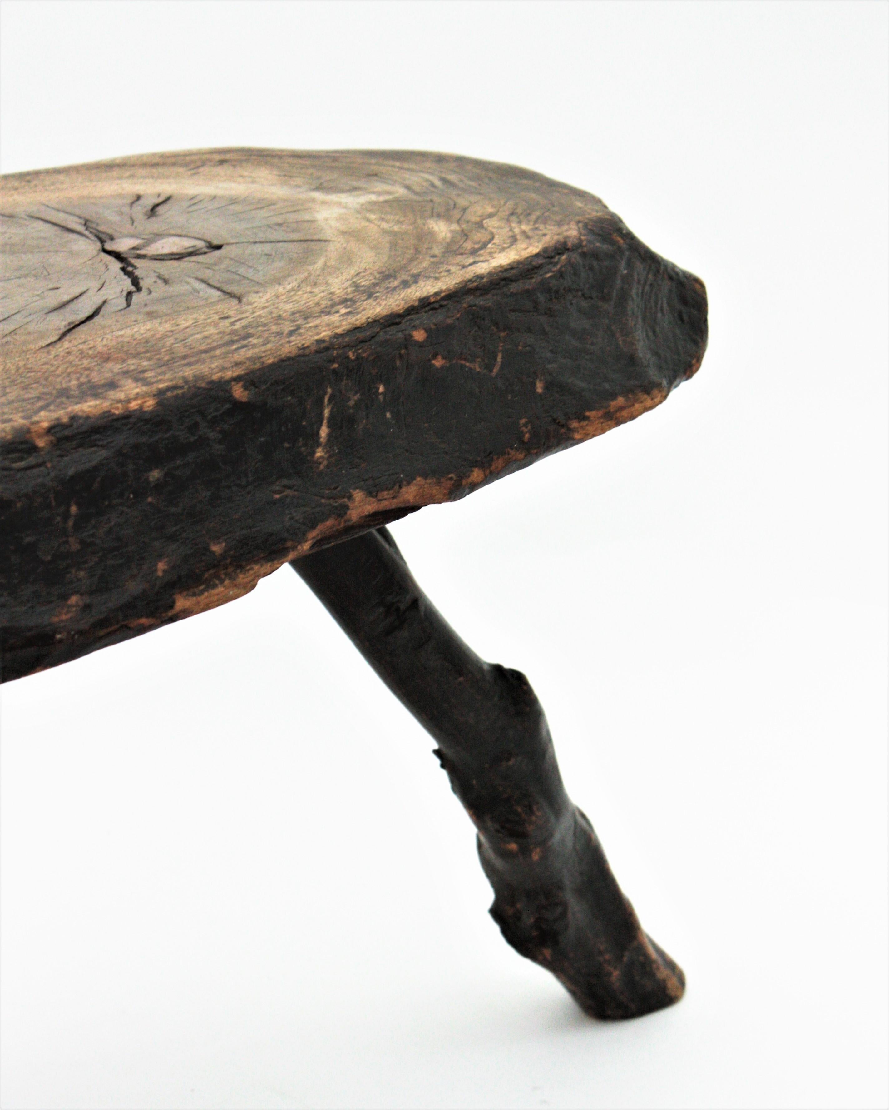 French Brutalist Wabi Sabi Rustic Tripod Side Table, 1950s For Sale 13