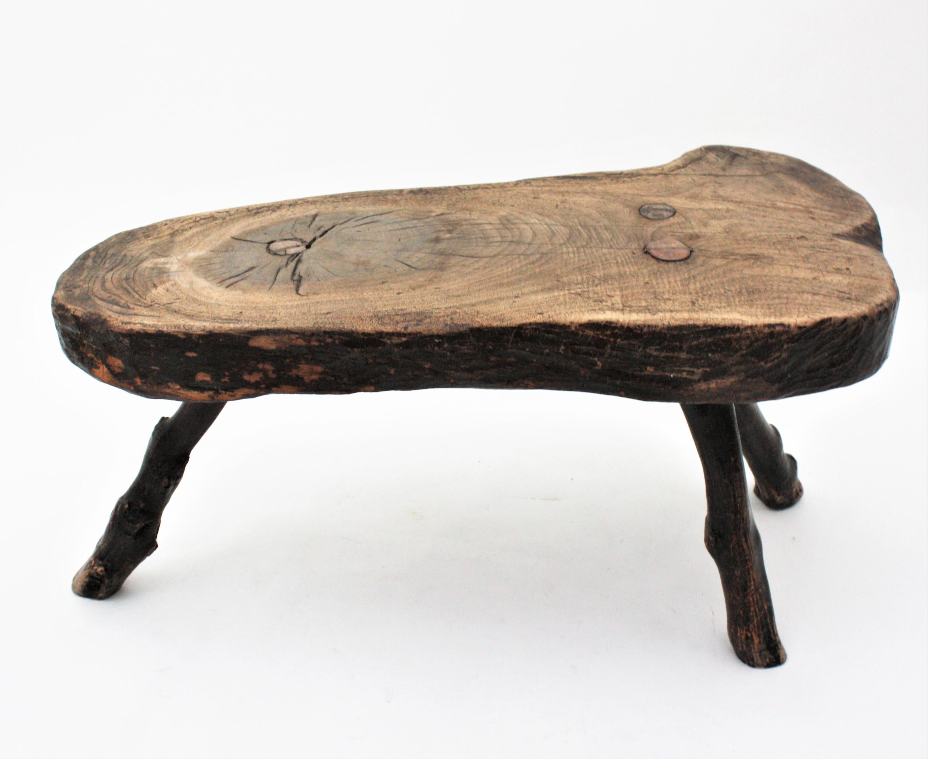 Wood French Brutalist Wabi Sabi Rustic Tripod Side Table, 1950s For Sale