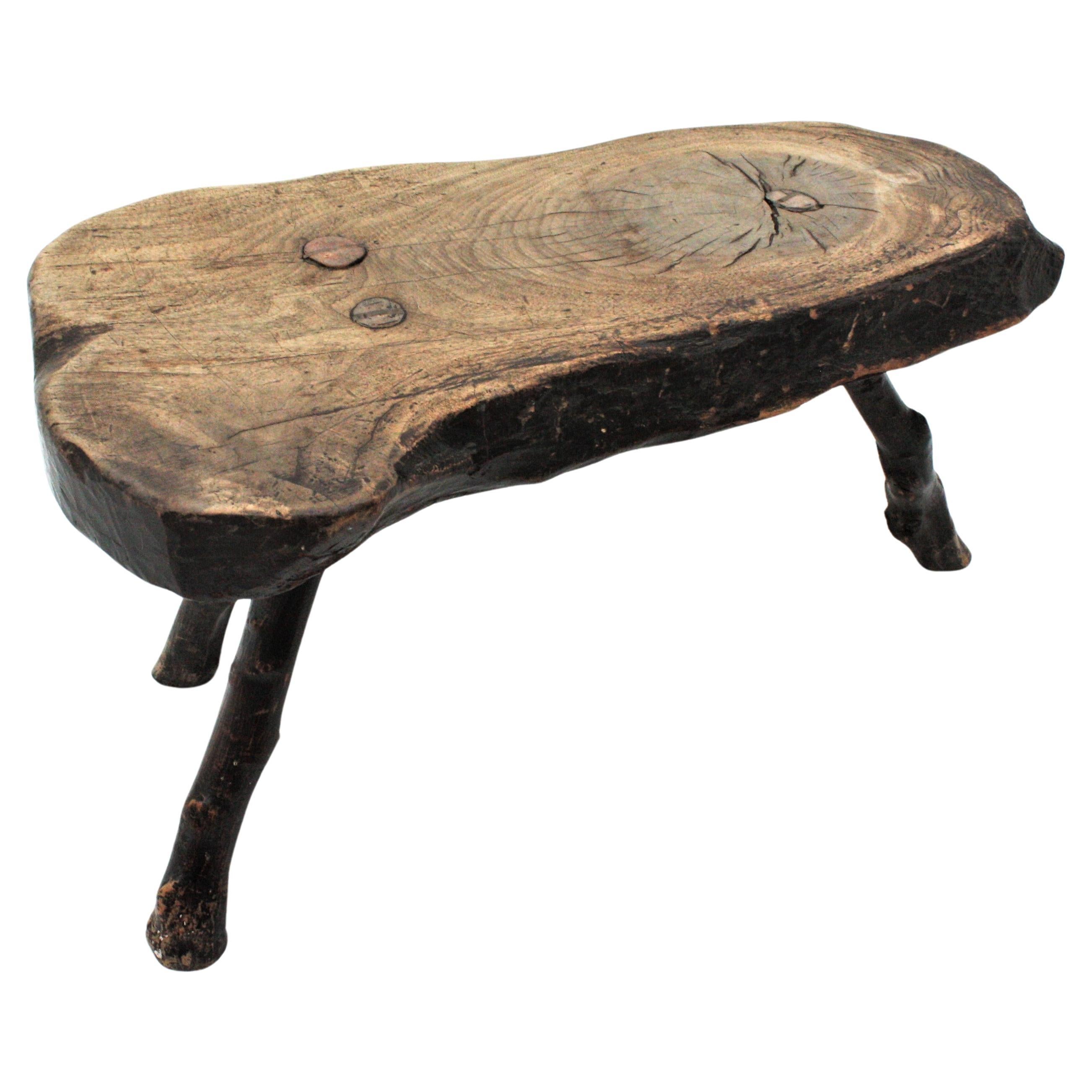 French Brutalist Wabi Sabi Rustic Tripod Side Table, 1950s