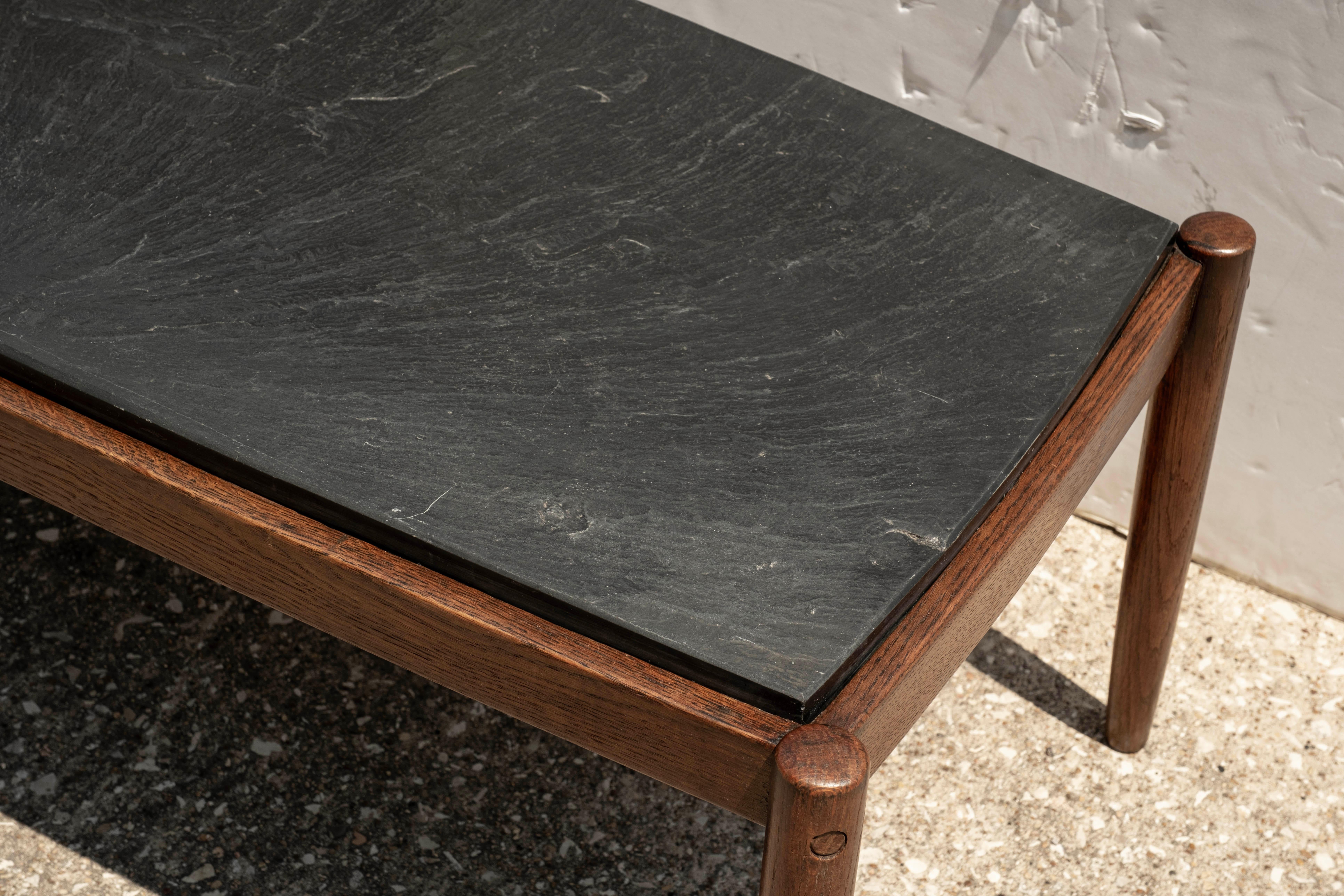 French Brutalist Walnut Coffee Table With Slate Top For Sale 8