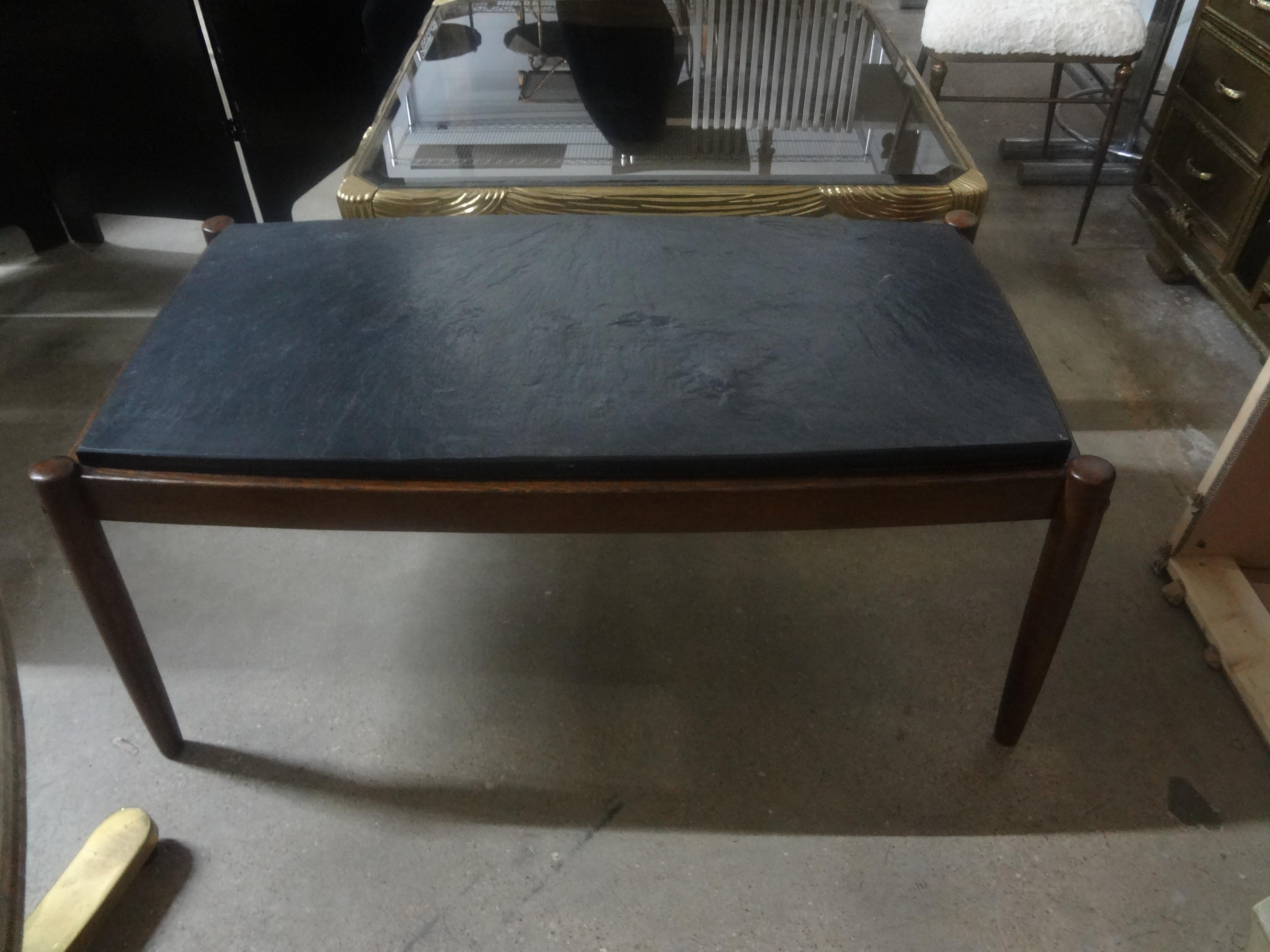 French Brutalist Walnut Coffee Table With Slate Top For Sale 1