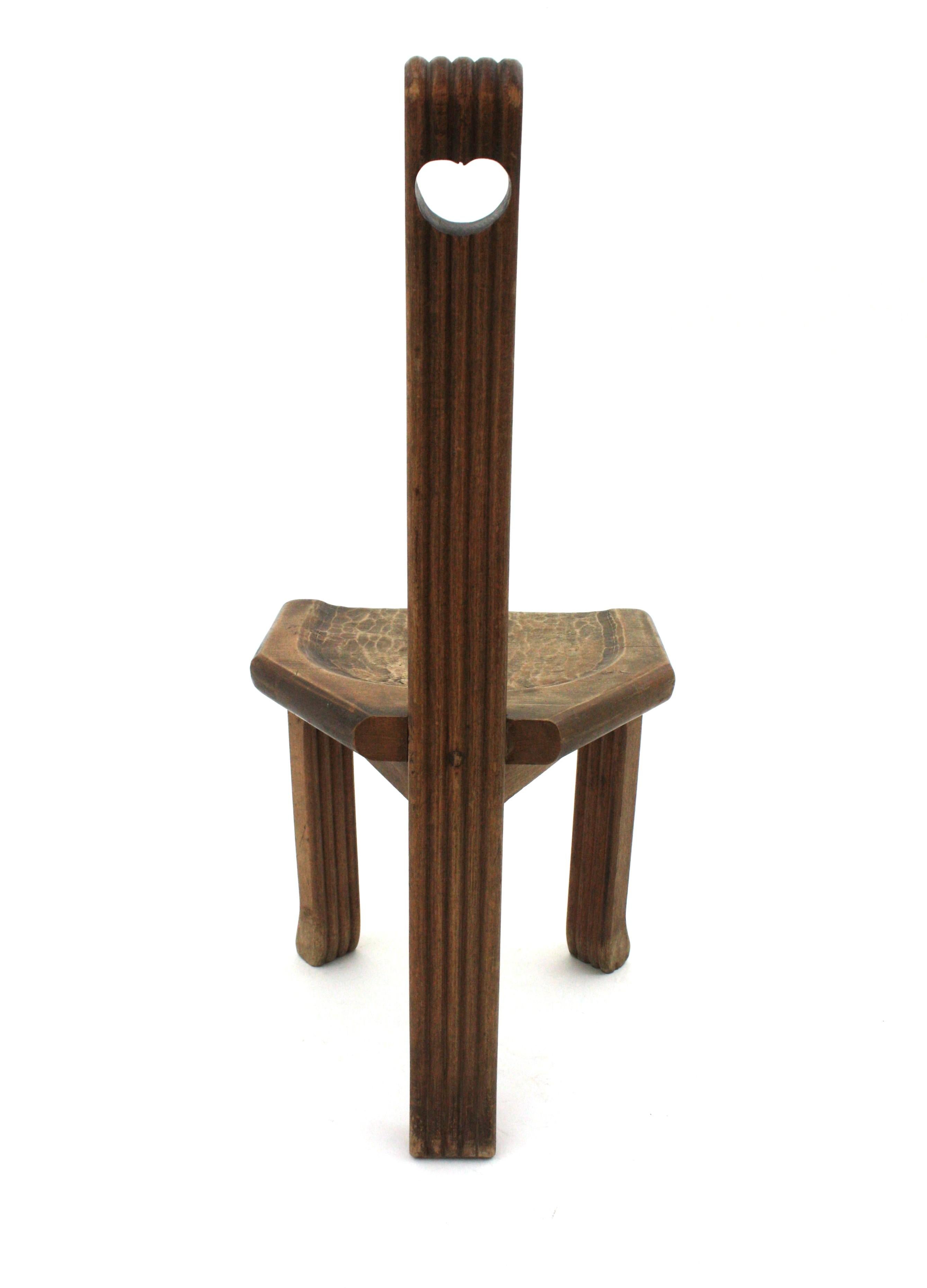 French Brutalist Wood Side Table Tripod Stool with High Backrest, 1950s For Sale 10