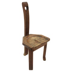 French Brutalist Wood Side Table Tripod Stool with High Backrest, 1950s