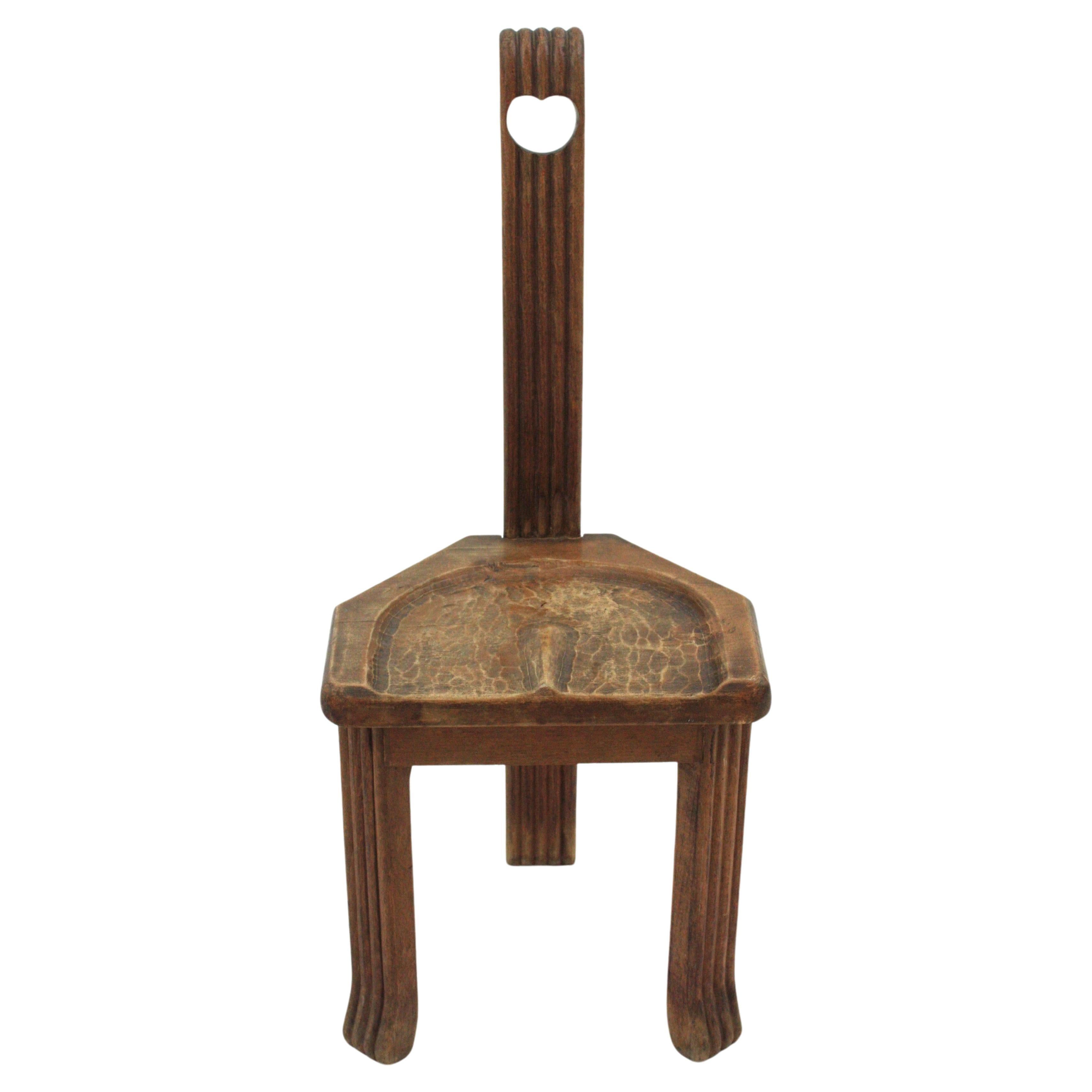 Hand-Crafted French Brutalist Wood Side Table Tripod Stool with High Backrest, 1950s For Sale