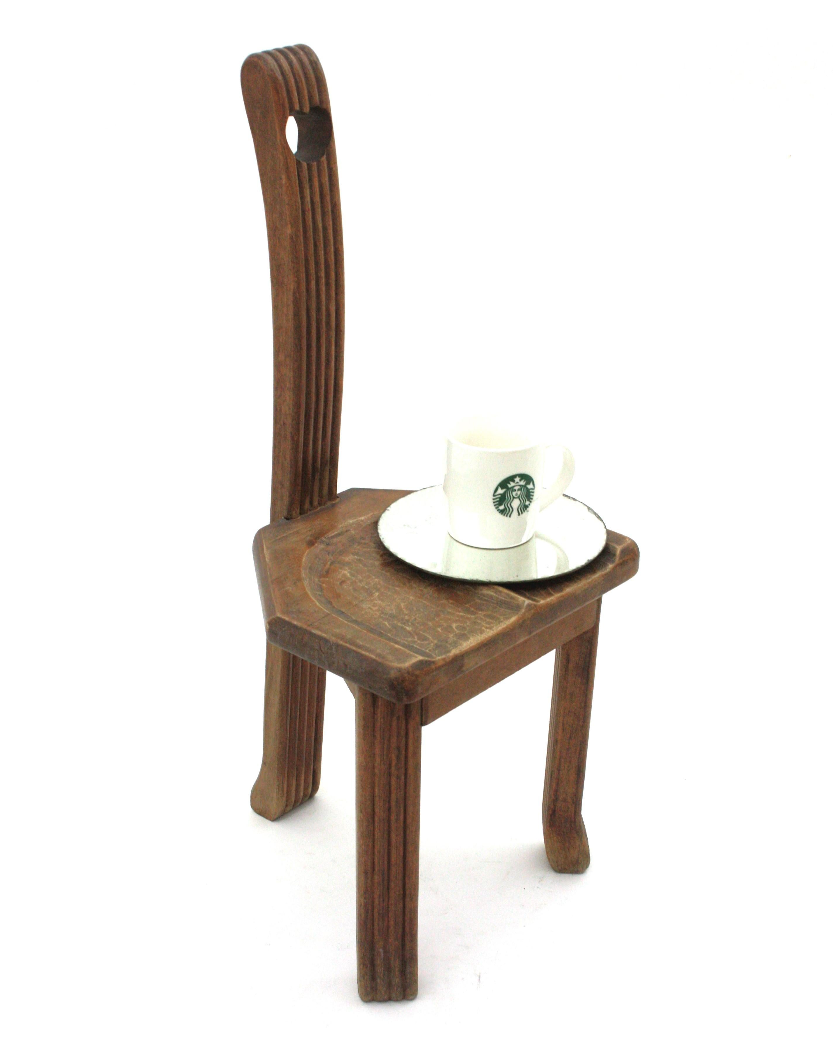 French Brutalist Wood Side Table Tripod Stool with High Backrest, 1950s For Sale 3