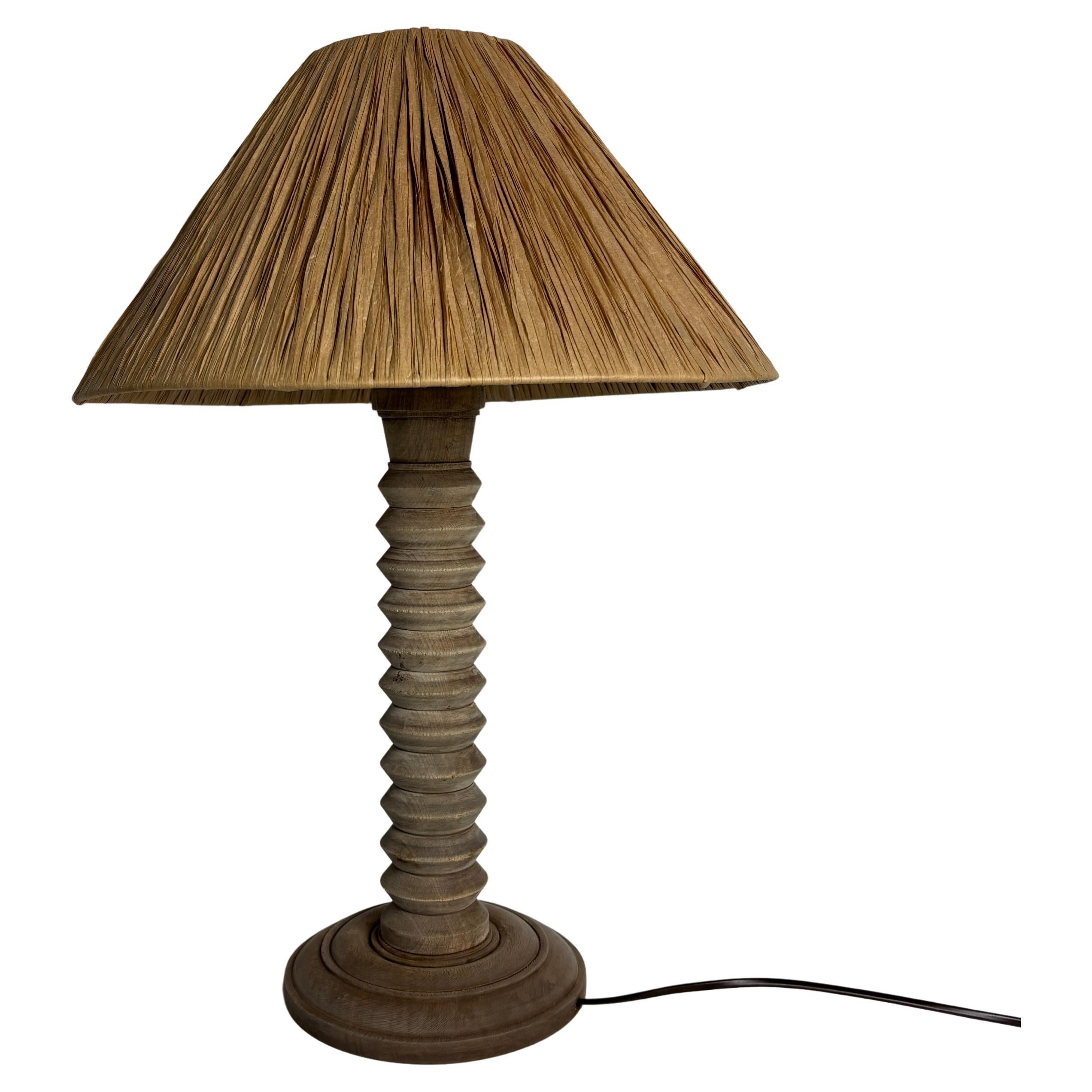 French brutalist wood turned table lamp in the style of Charles Dudouyt, 1950s For Sale