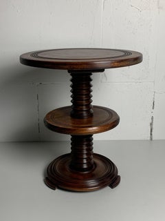 French brutalist wood turned two tier wine screw press side table, 1950s