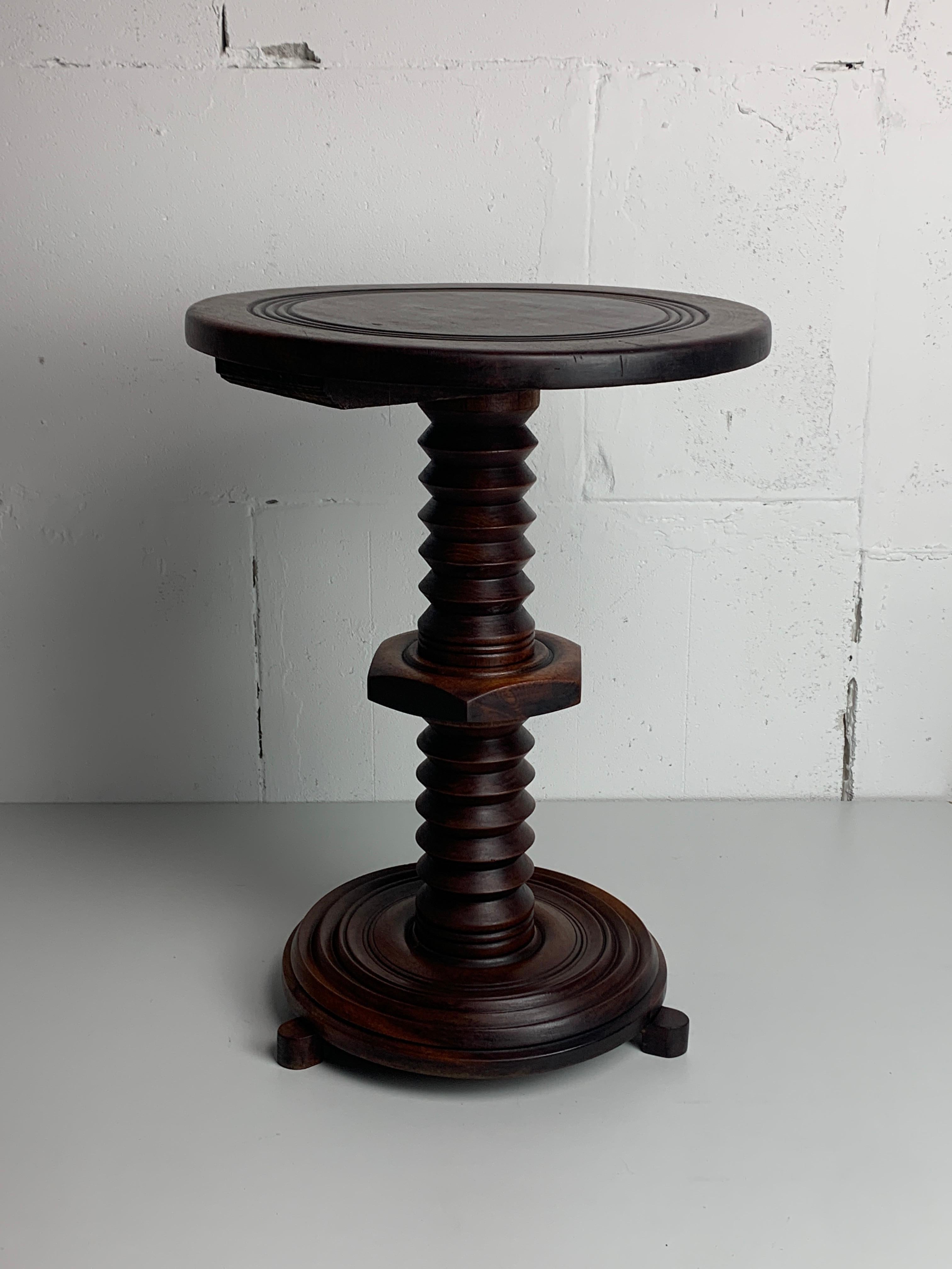 French brutalist wood turned wine screw press side table, 1950s 8