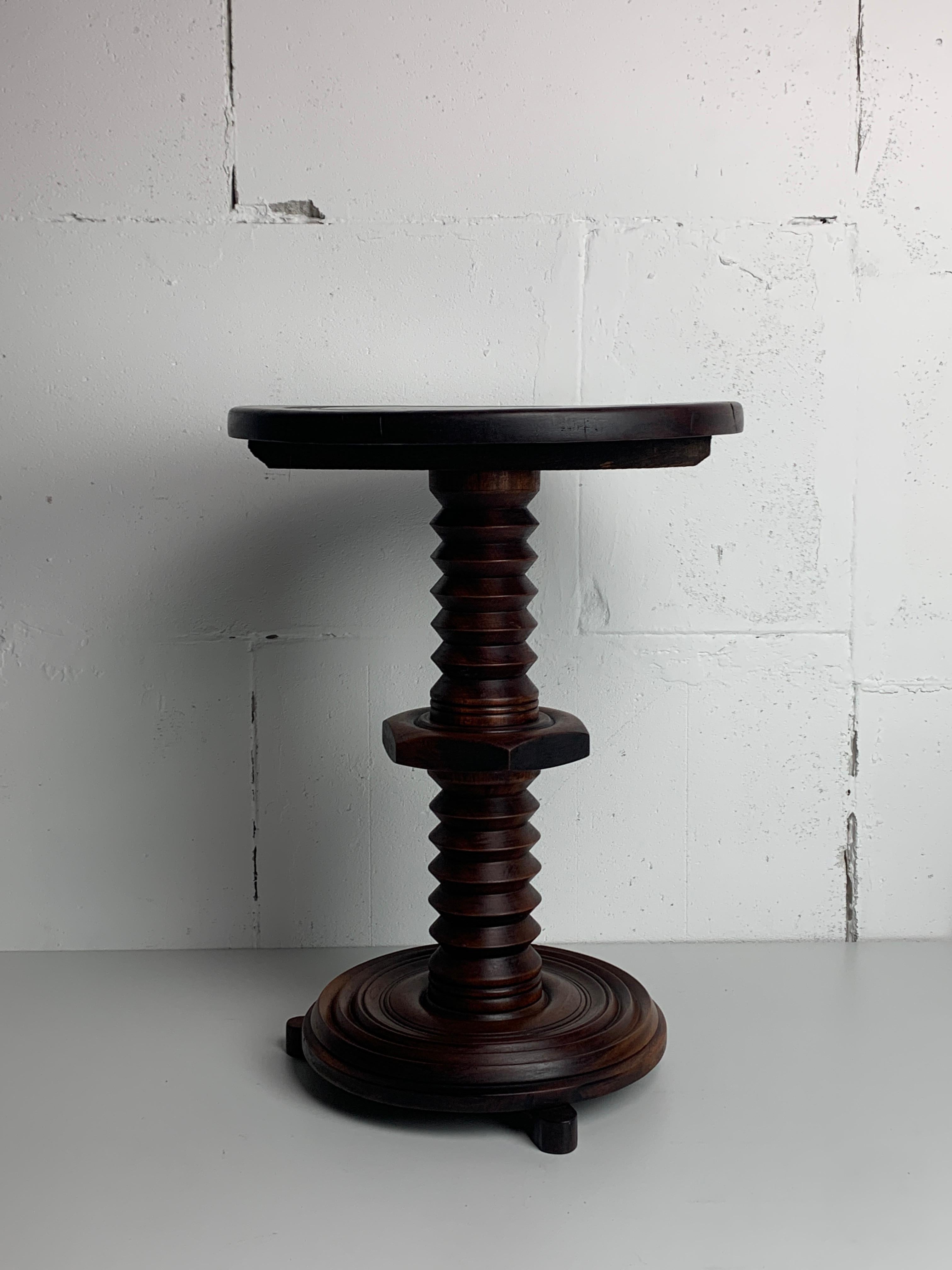 French brutalist wood turned wine screw press side table, 1950s 9