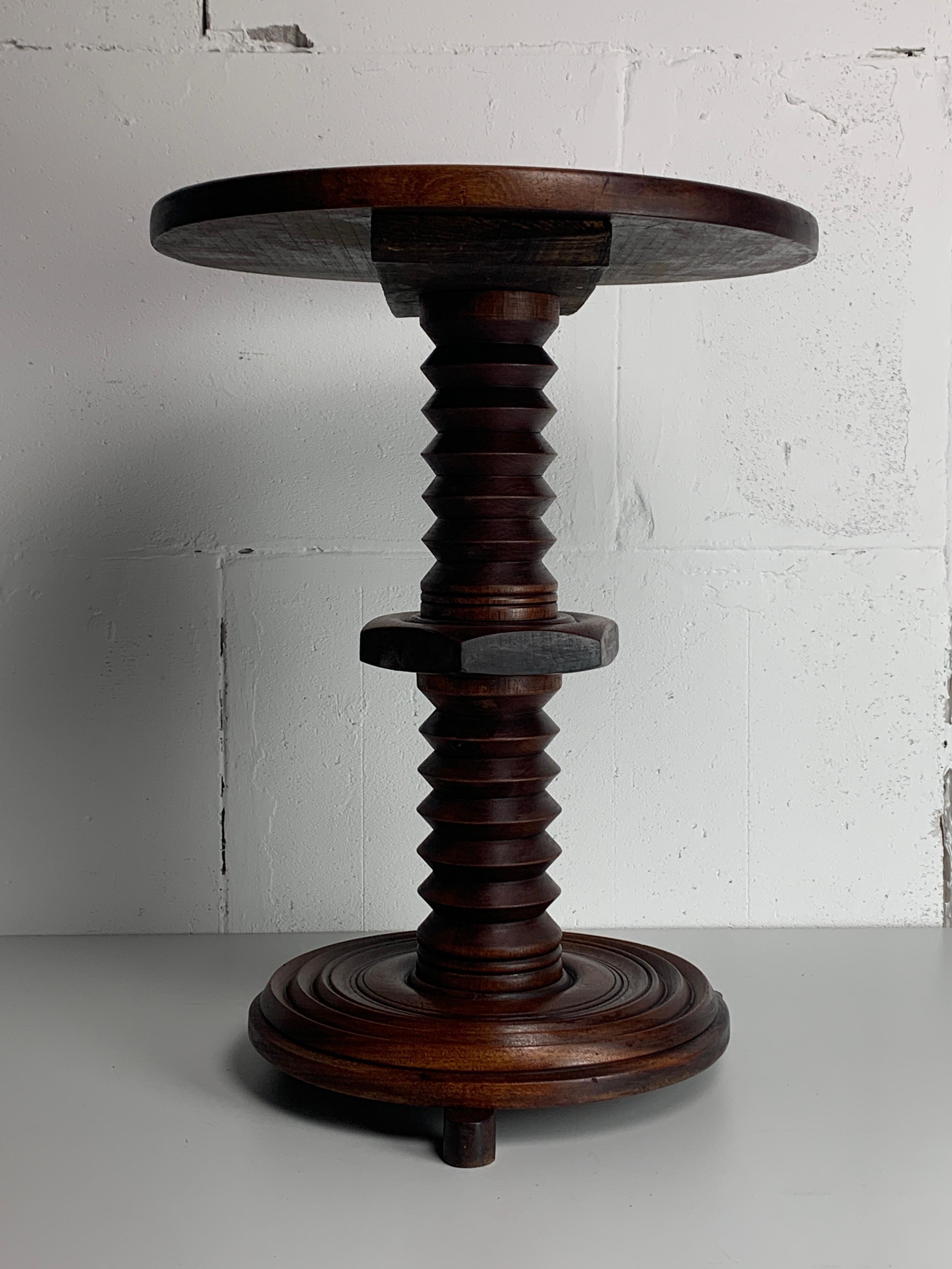 French brutalist wood turned wine screw press side table, 1950s In Good Condition In Zaandam, NL