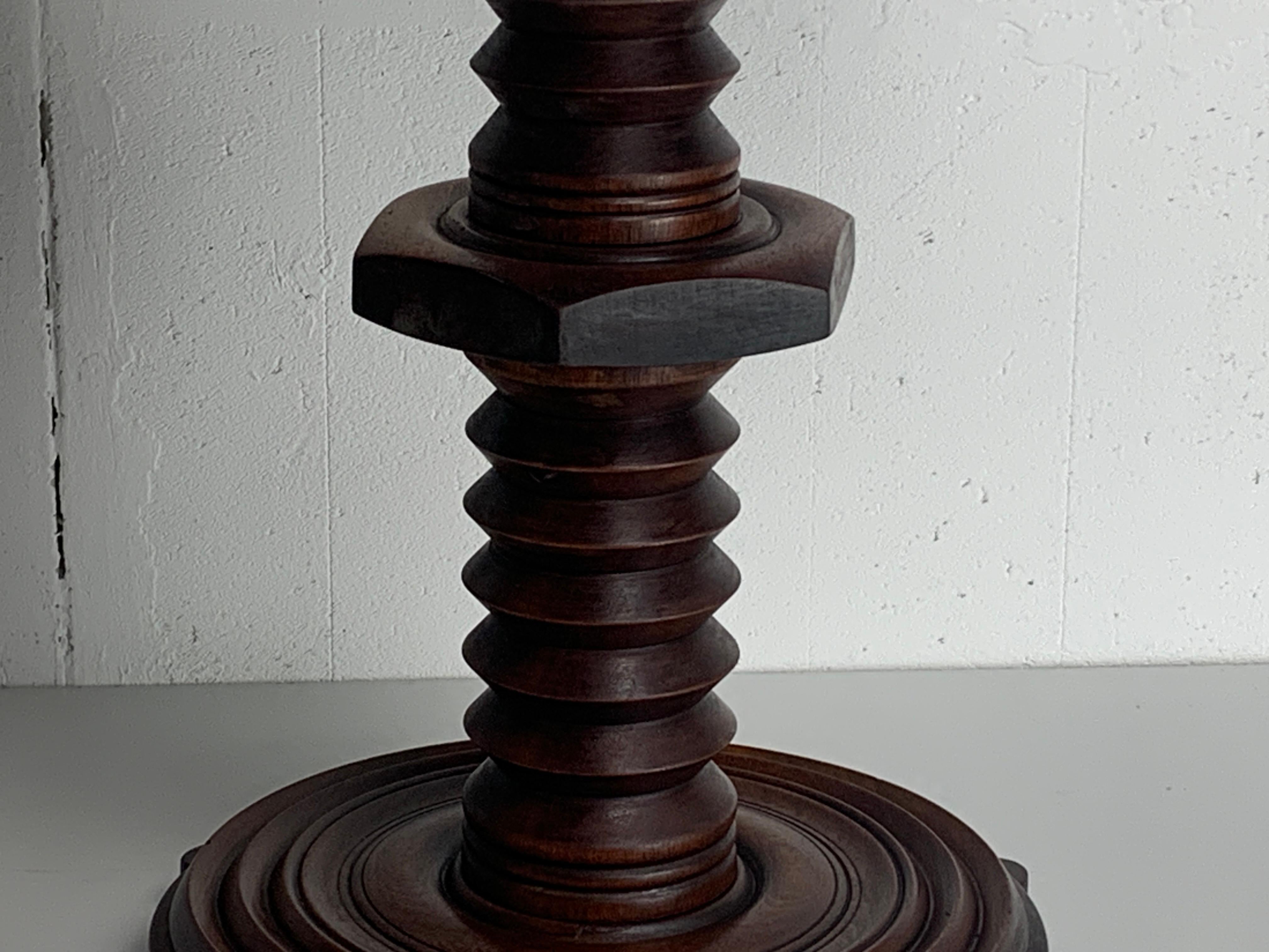 Oak French brutalist wood turned wine screw press side table, 1950s