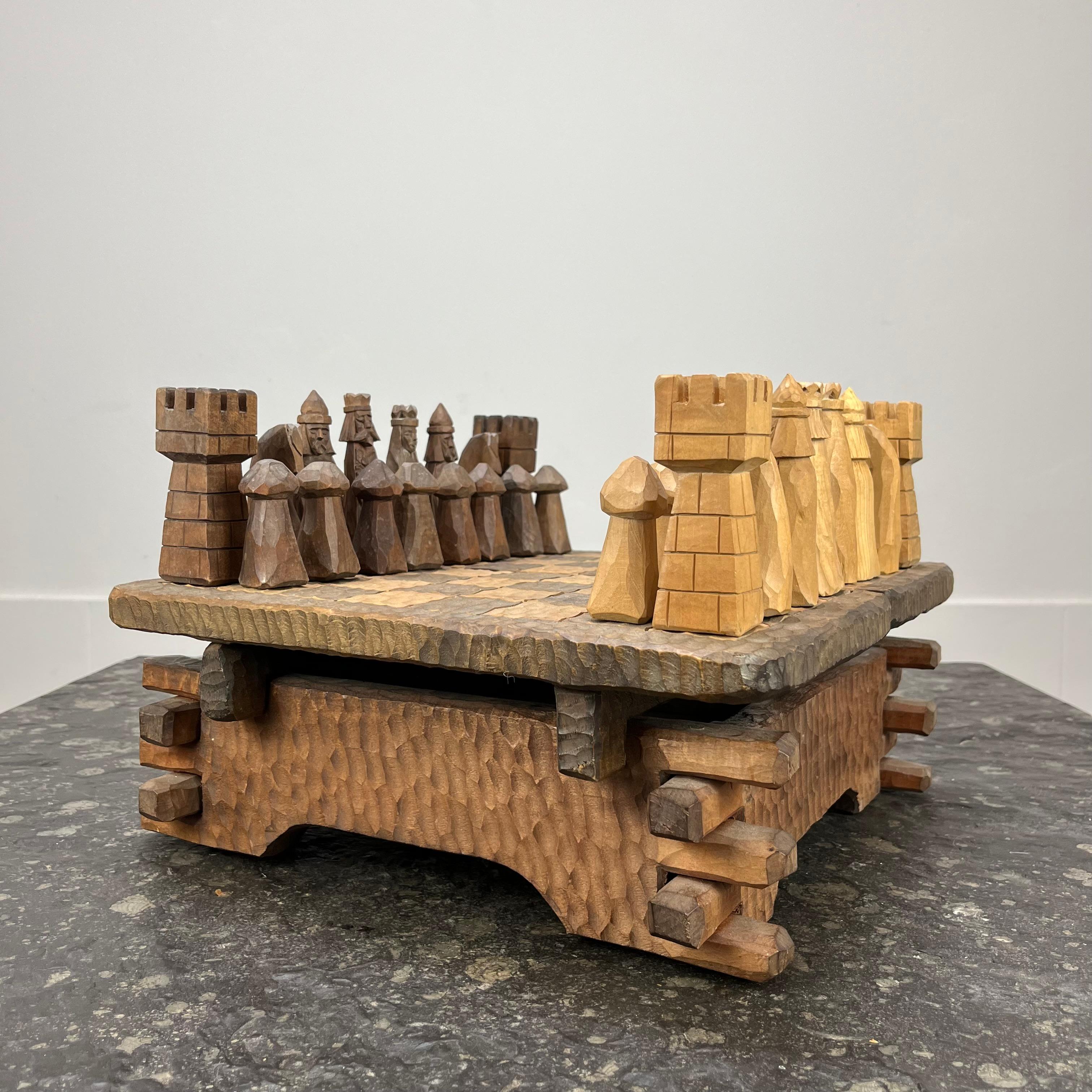 Brutalist French brutalist wooden chessboard in the style of Jean Touret, Atelier Marolles For Sale