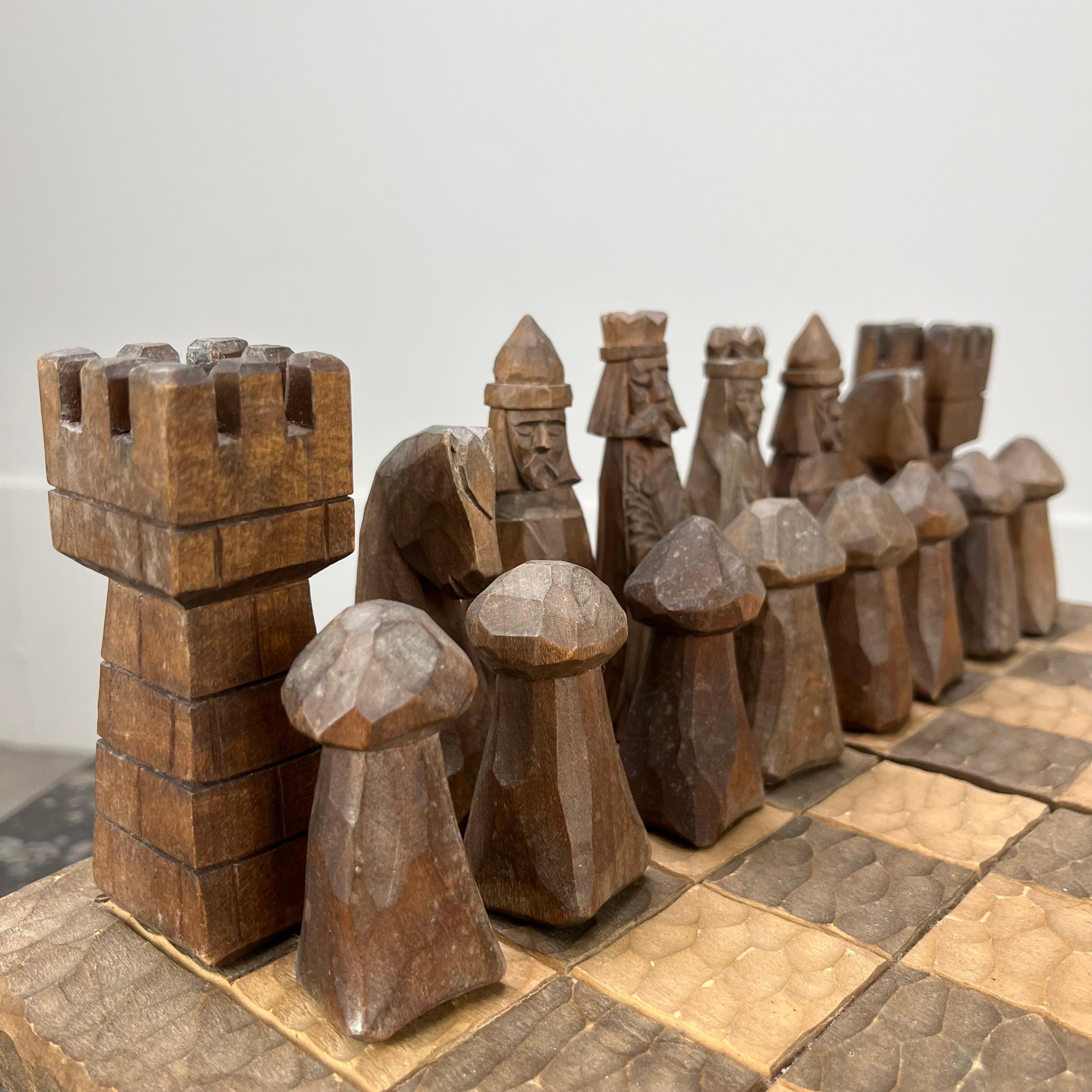 Hand-Carved French brutalist wooden chessboard in the style of Jean Touret, Atelier Marolles For Sale