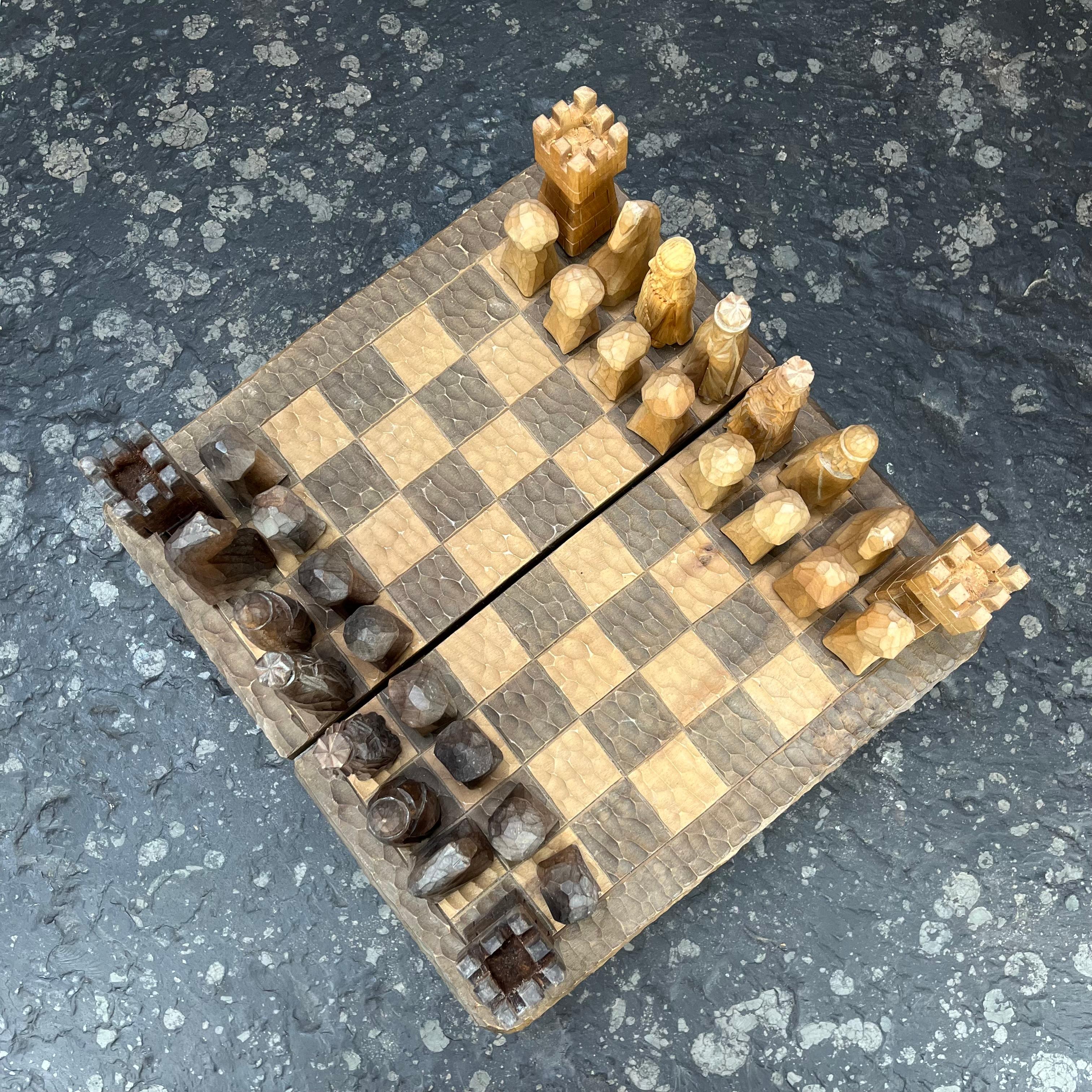 Mid-20th Century French brutalist wooden chessboard in the style of Jean Touret, Atelier Marolles For Sale