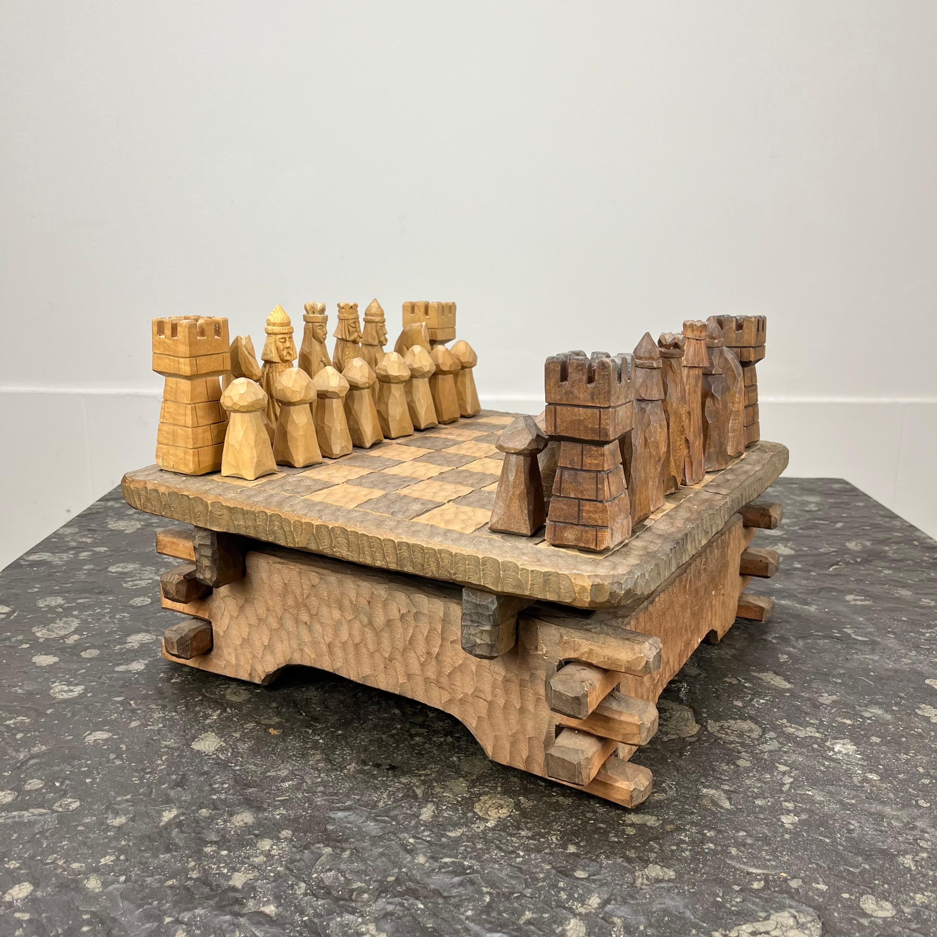 Wood French brutalist wooden chessboard in the style of Jean Touret, Atelier Marolles For Sale