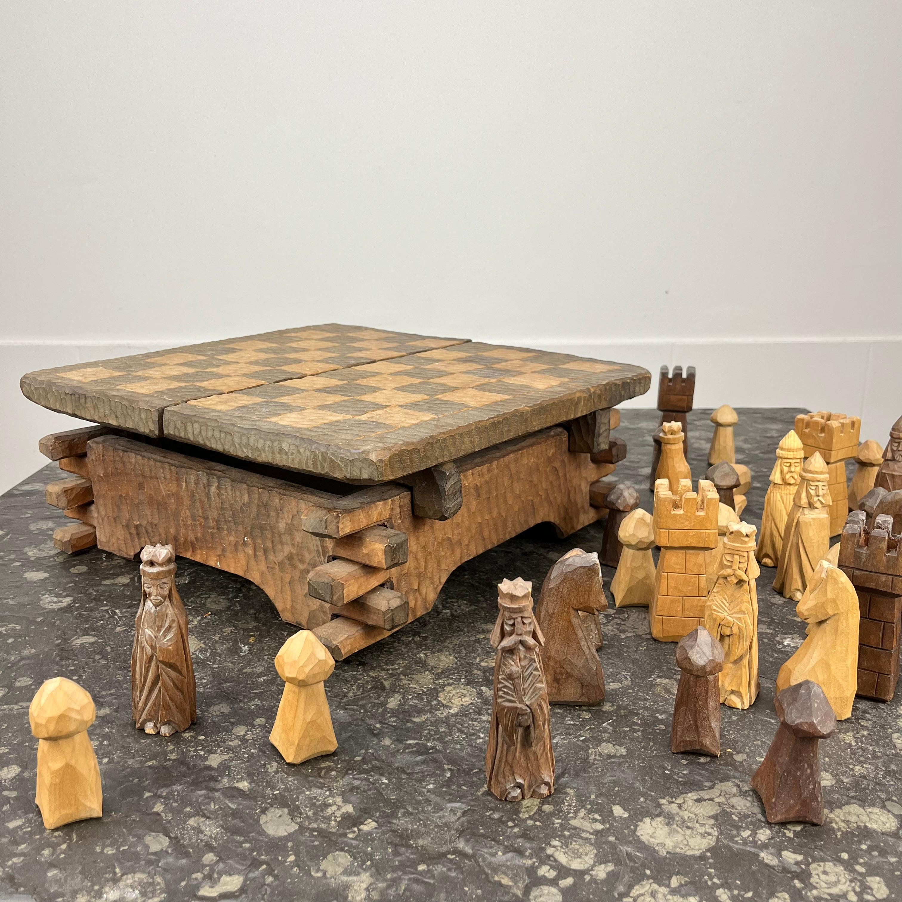 French brutalist wooden chessboard in the style of Jean Touret, Atelier Marolles For Sale 1