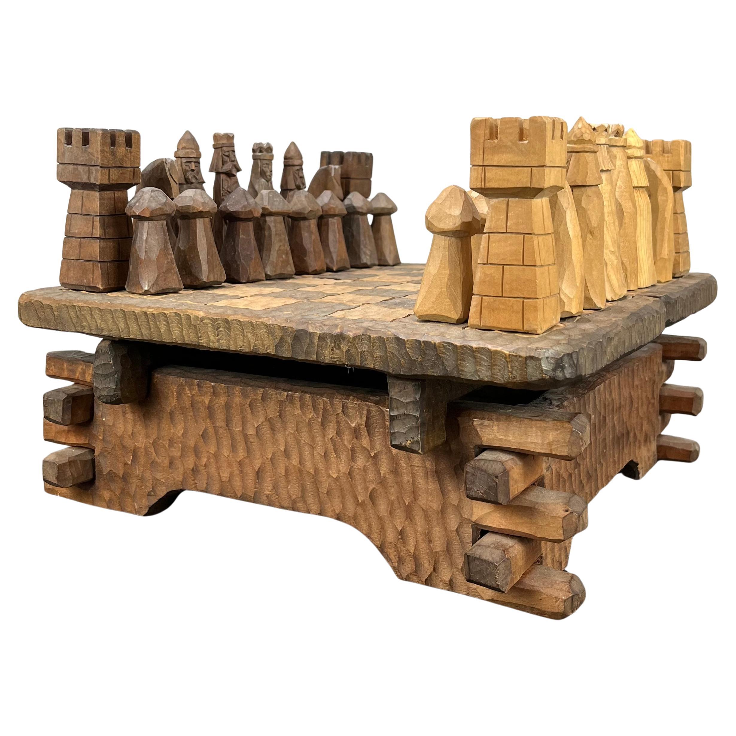 French brutalist wooden chessboard in the style of Jean Touret, Atelier Marolles For Sale