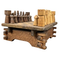 French brutalist wooden chessboard in the style of Jean Touret, Atelier Marolles