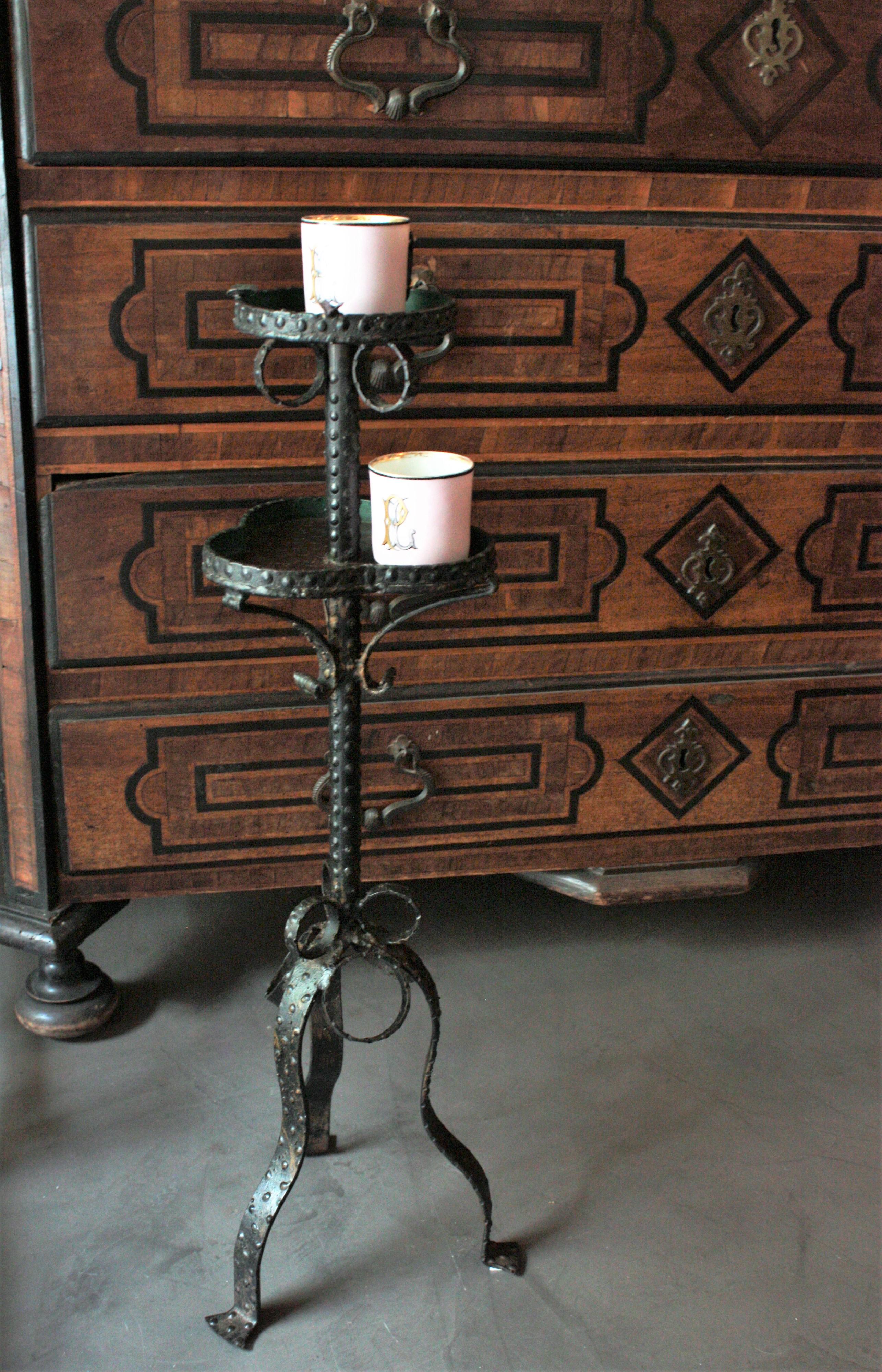 20th Century French Brutalist Wrought Iron Drinks Table and Ashtray